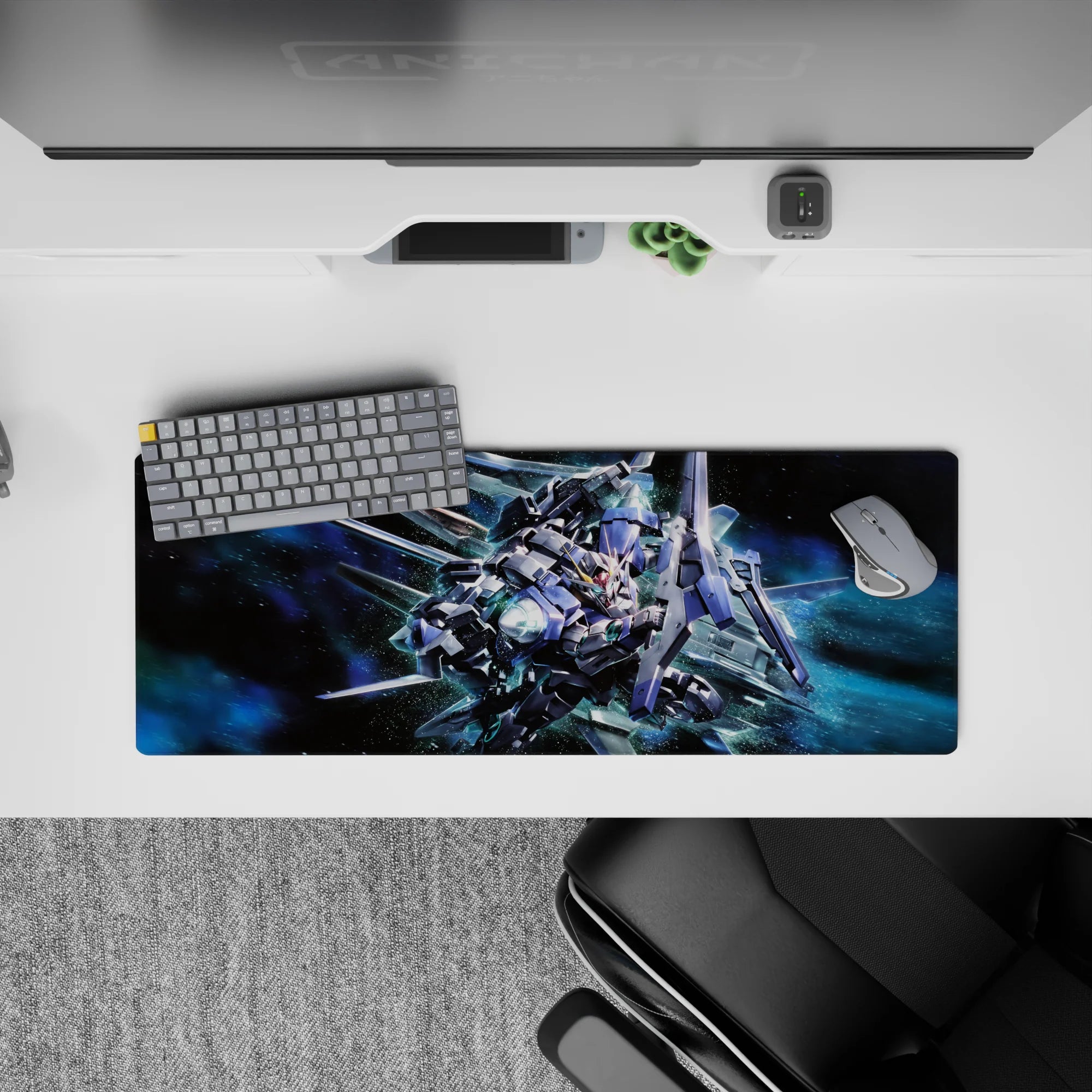 32x12 inches anime mouse pad in steel blue and silver with neon teal accents on a deep galaxy haze.