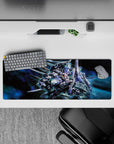 32x12 inches anime mouse pad in steel blue and silver with neon teal accents on a deep galaxy haze.