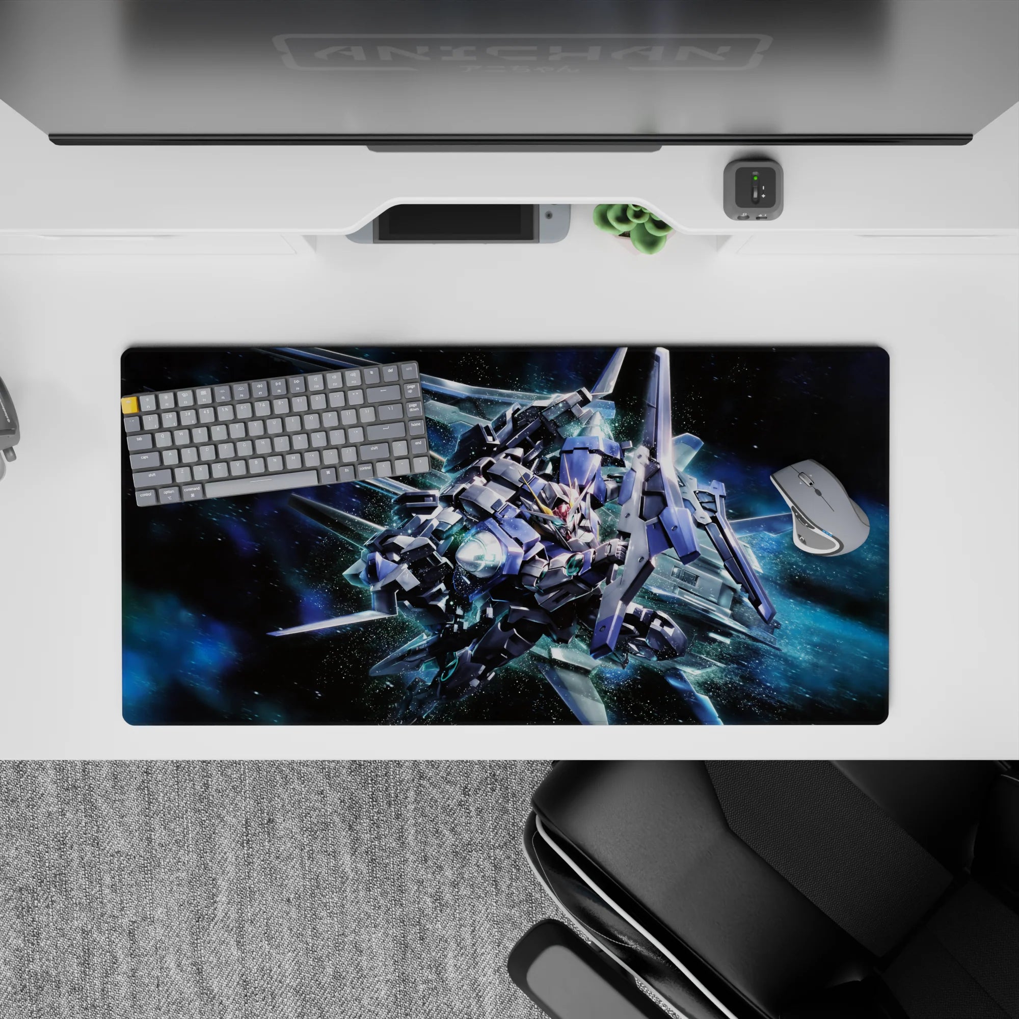 32x16 inches anime mouse pad in steel blue, silver, and neon teal over a deep galaxy haze for a fast vibe.