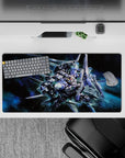32x16 inches anime mouse pad in steel blue, silver, and neon teal over a deep galaxy haze for a fast vibe.