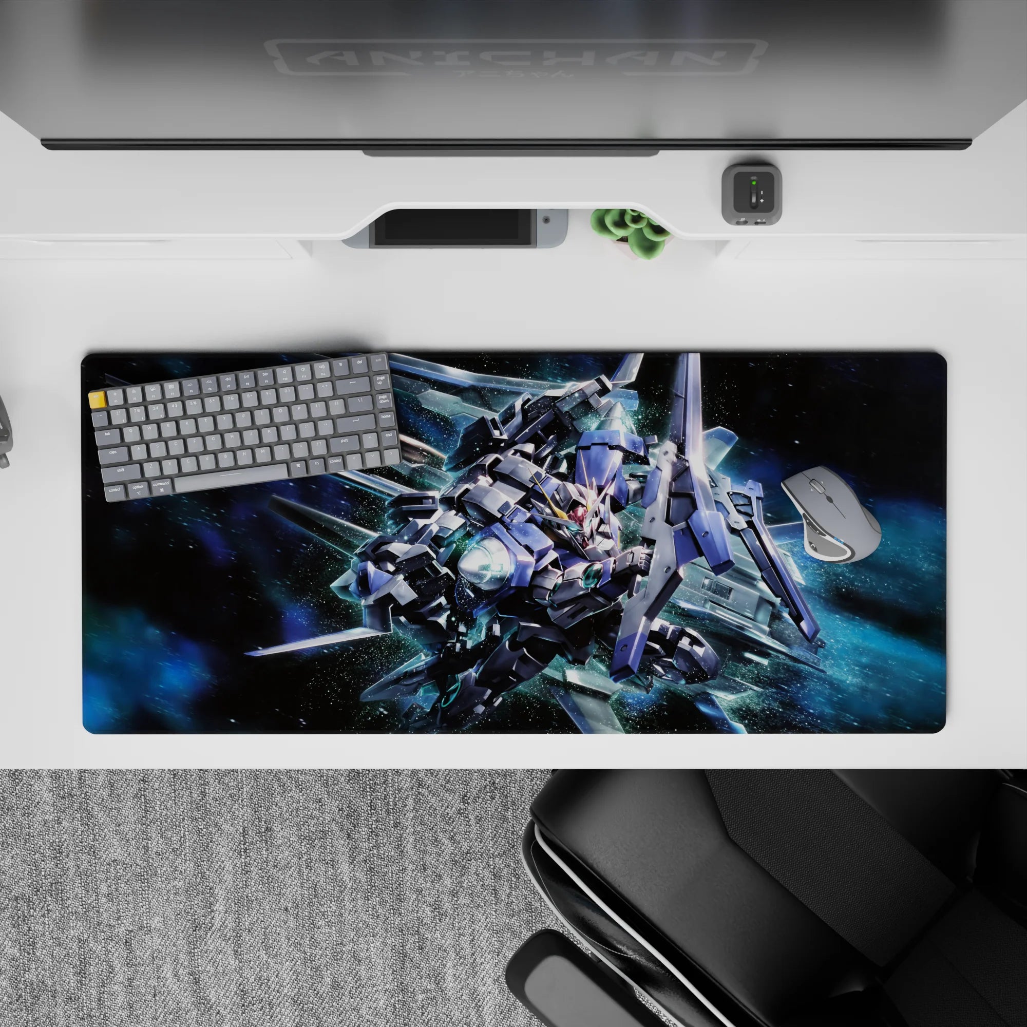 Neon teal, steel blue, and silver anime desk pad 36x16 inches with fast galaxy haze and light shards.