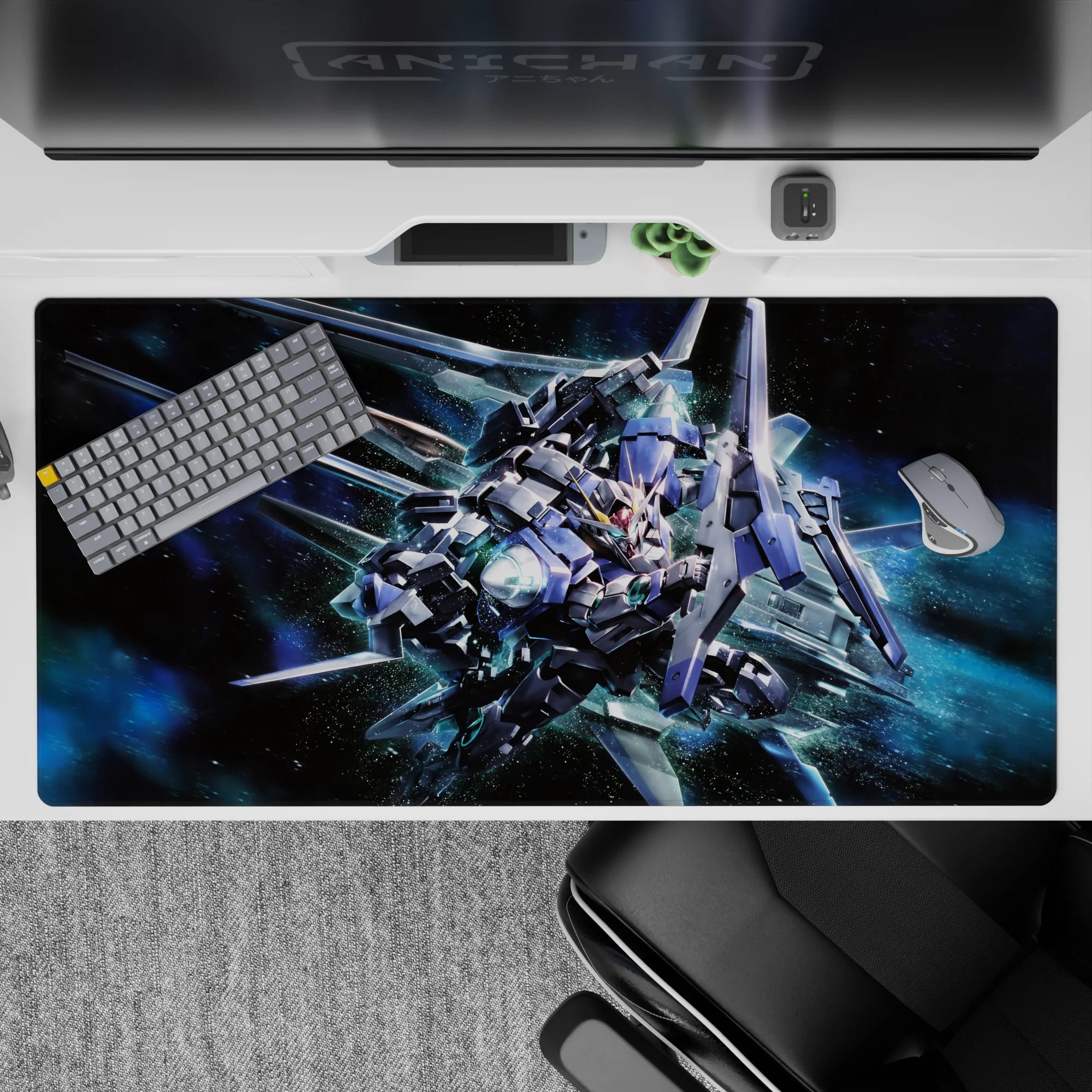 Steel blue and silver anime desk pad 40x20 inches with neon teal glow and deep galaxy haze.