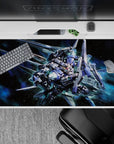 Steel blue and silver anime desk pad 40x20 inches with neon teal glow and deep galaxy haze.