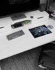 GN-0000 00 Gundam dashes through space on a 14x10 inches anime mouse pad, light shards exploding.