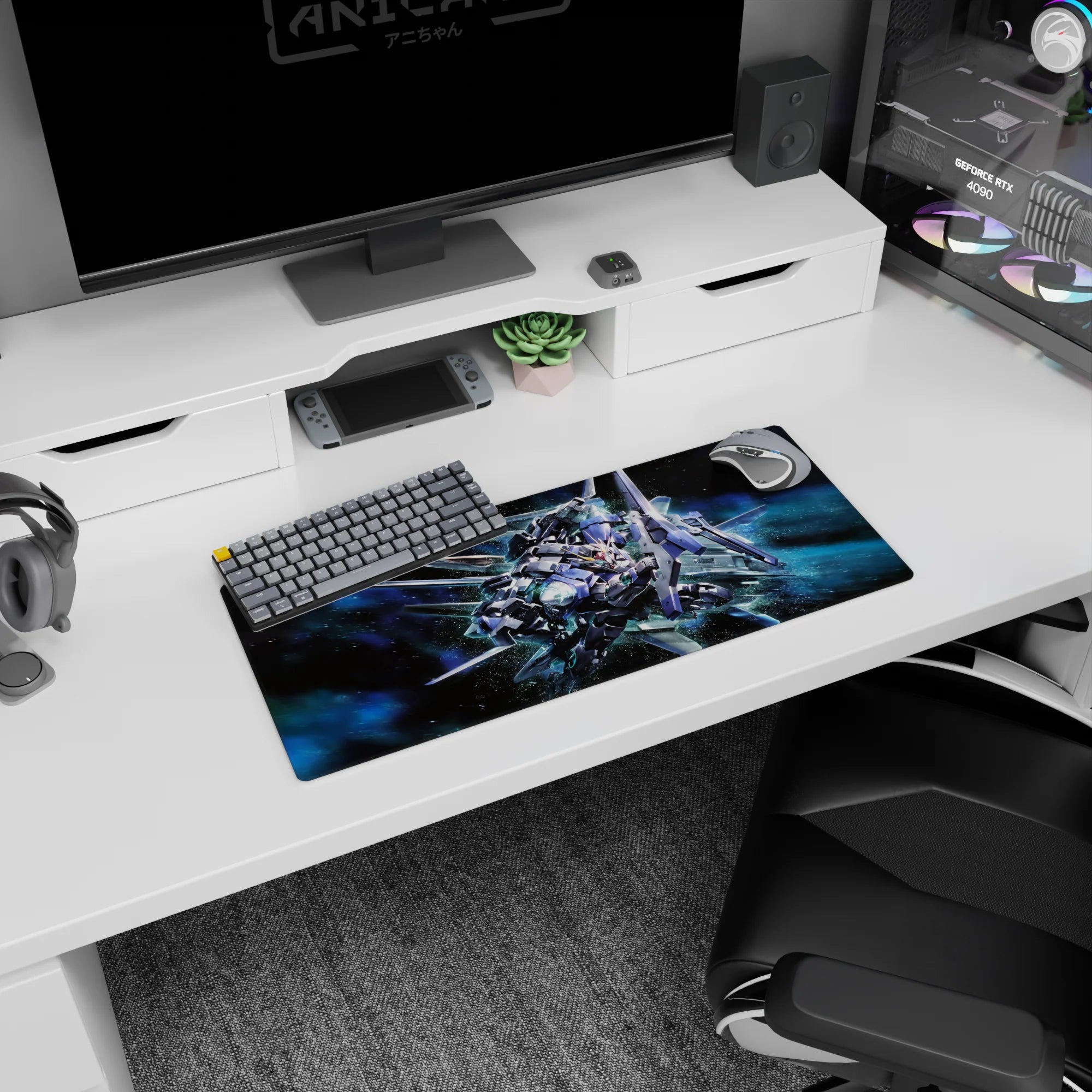 28x12 inches Gundam 00 mouse pad showing GN-0000 00 Gundam slicing through space with comet-like thrusters.