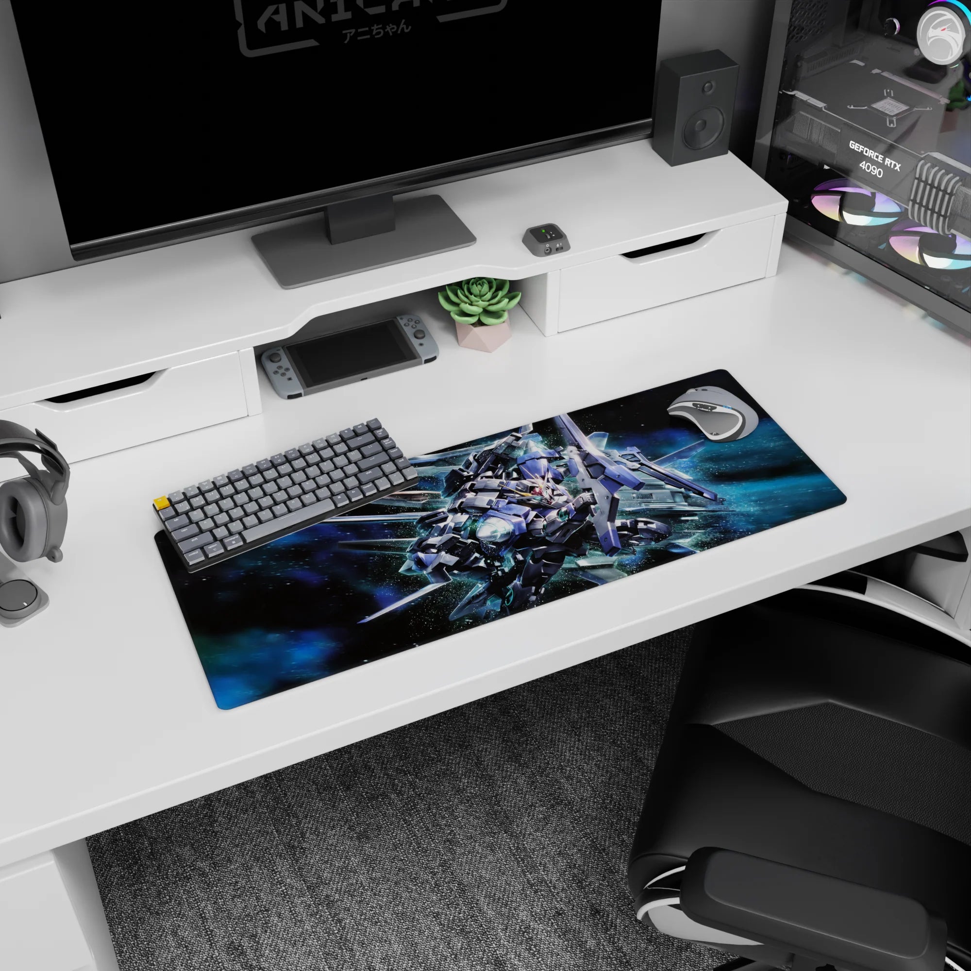 32x12 inches anime mouse pad featuring Gundam 00 GN-0000 00 Gundam slicing through space with glowing shards.