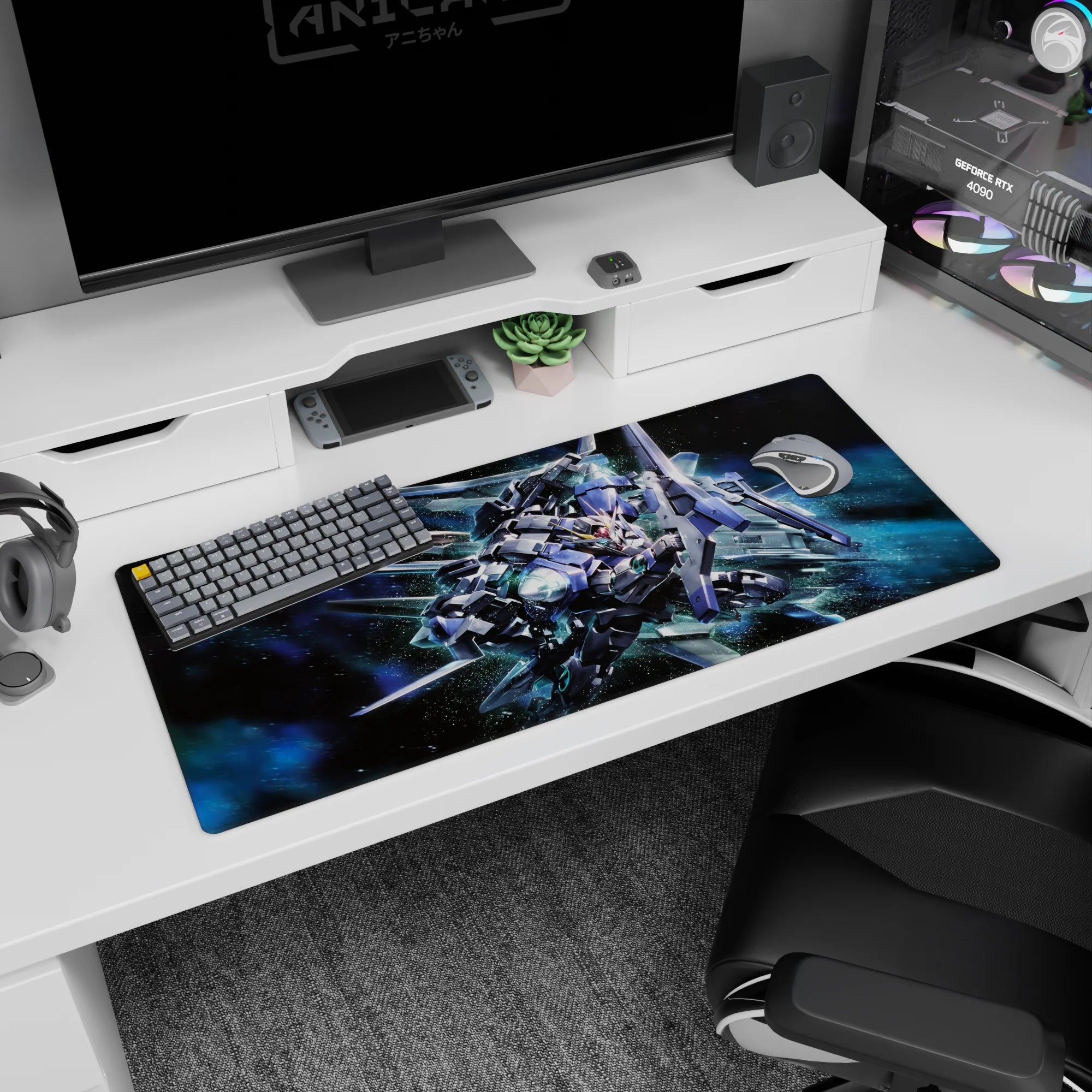 Gundam 00 GN-0000 00 Gundam anime desk pad 36x16 inches, blades out, comet thrusters in space.
