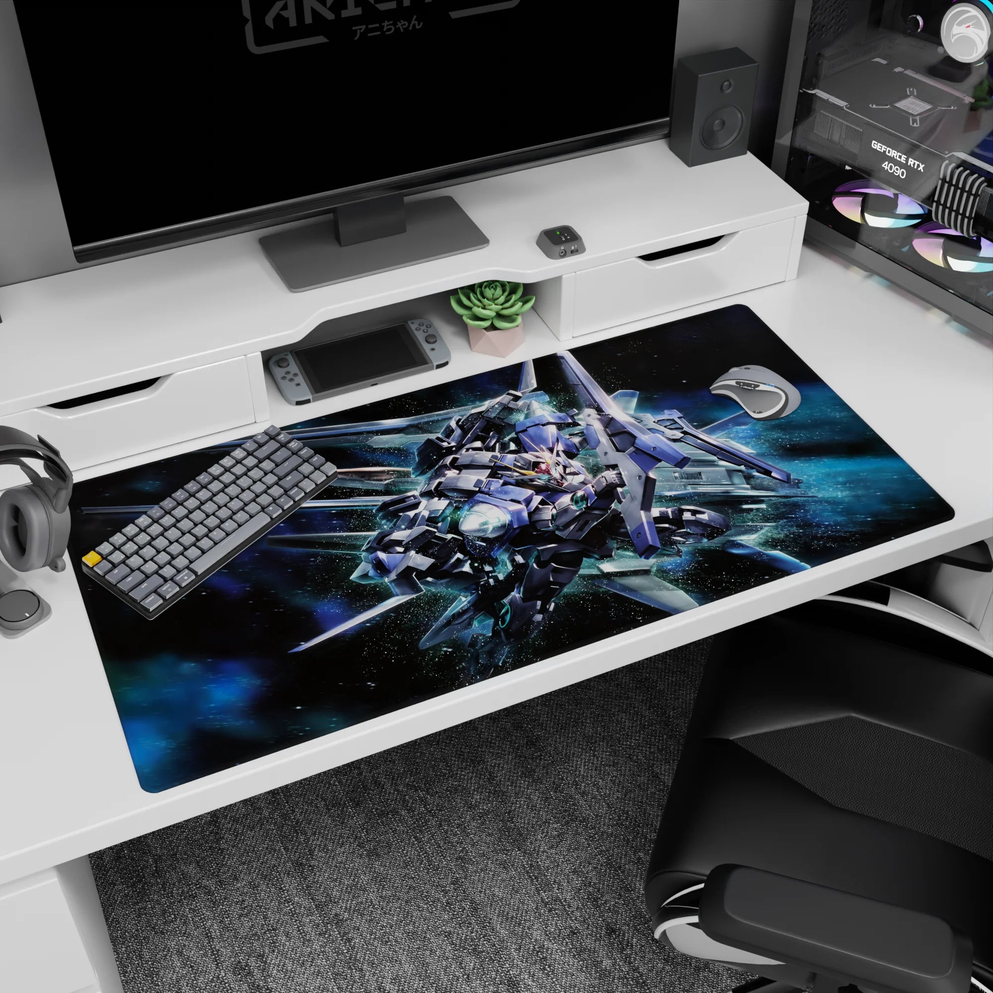 Gundam 00 GN-0000 00 Gundam desk pad 40x20 inches, blades out amid explosive shards of light.