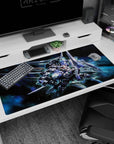 Gundam 00 GN-0000 00 Gundam desk pad 40x20 inches, blades out amid explosive shards of light.
