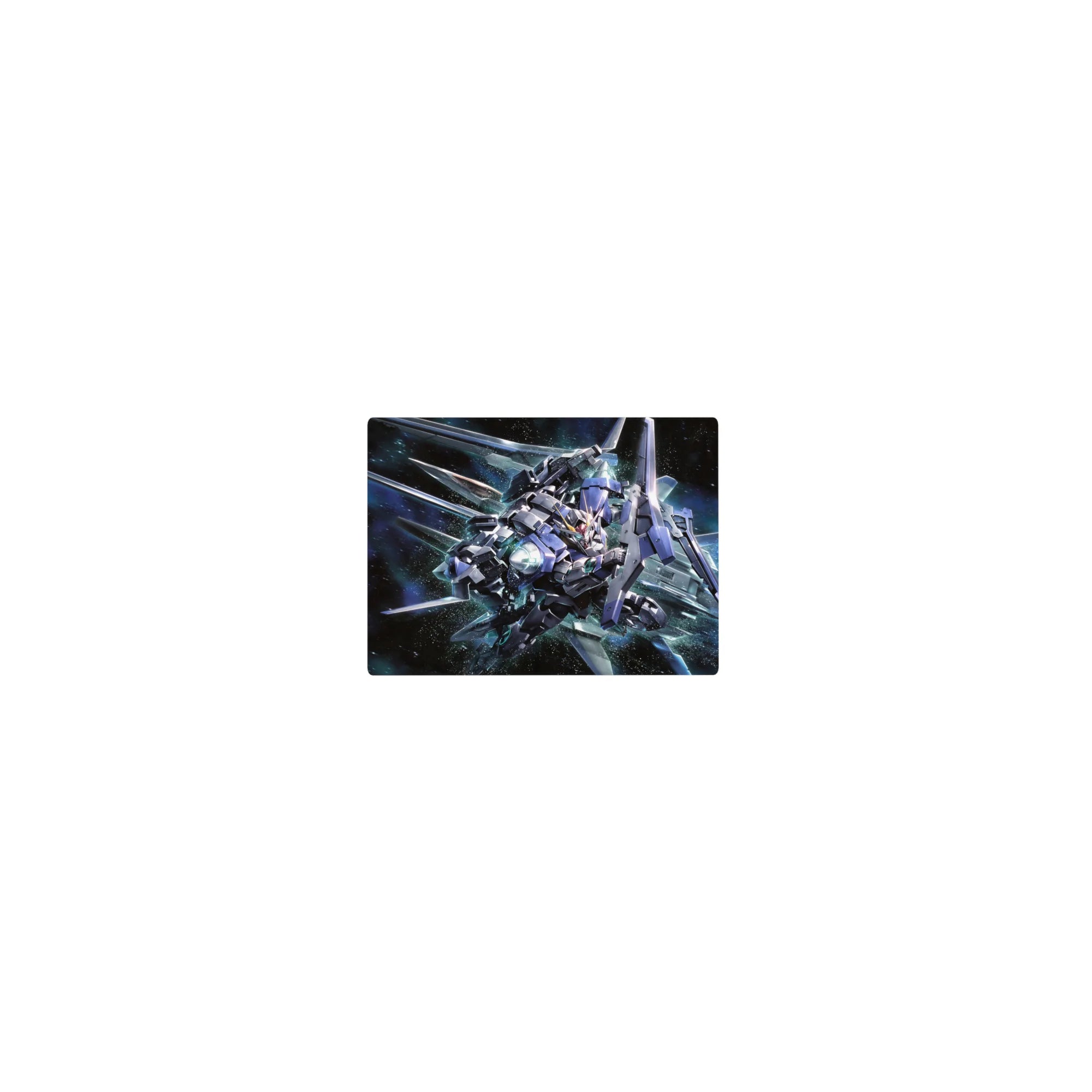 Classic anime mouse pad 14x10 inches with 00 Gundam in hero pose, blades out, glowing thrusters.