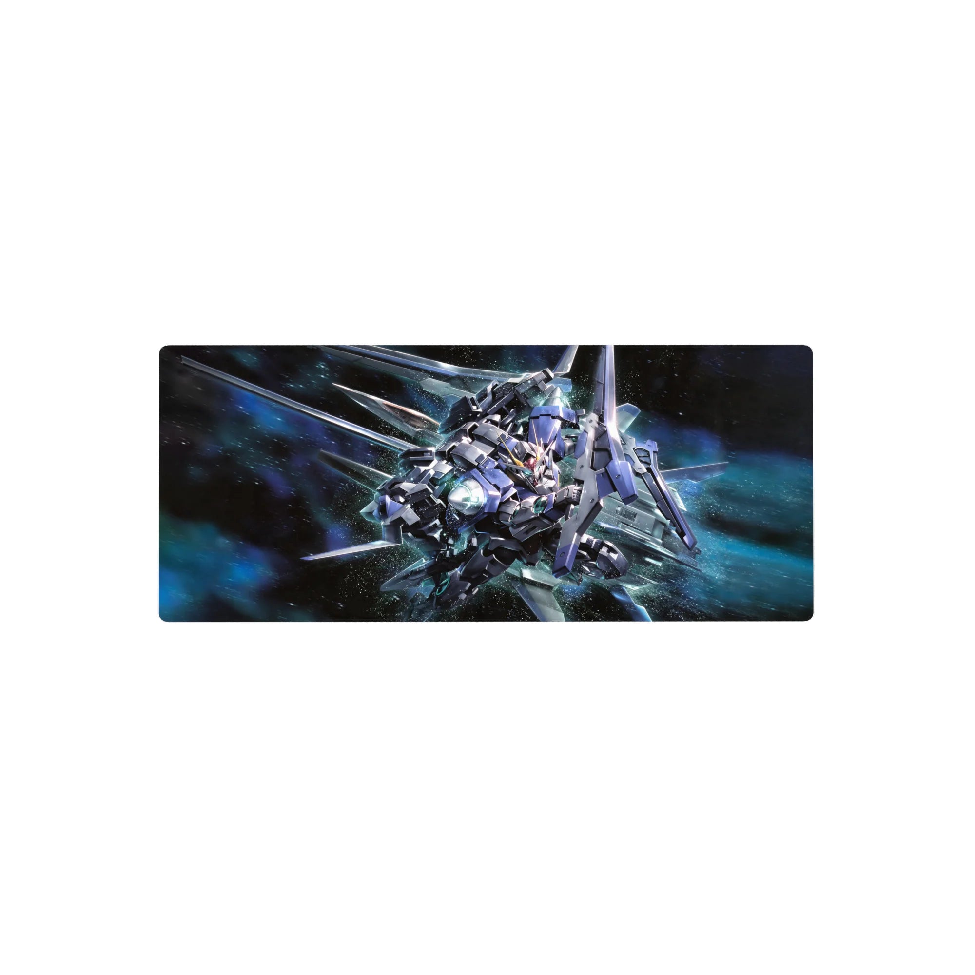 28x12 inches anime mouse pad featuring a Gundam mech in a heroic pose with glowing thrusters and blades.