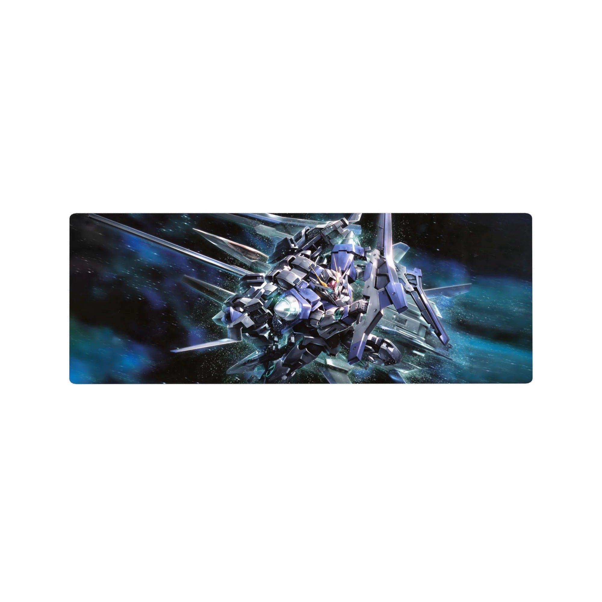 32x12 inches anime mouse pad with 00 Gundam in a dynamic hero pose, blades out and thrusters lit.