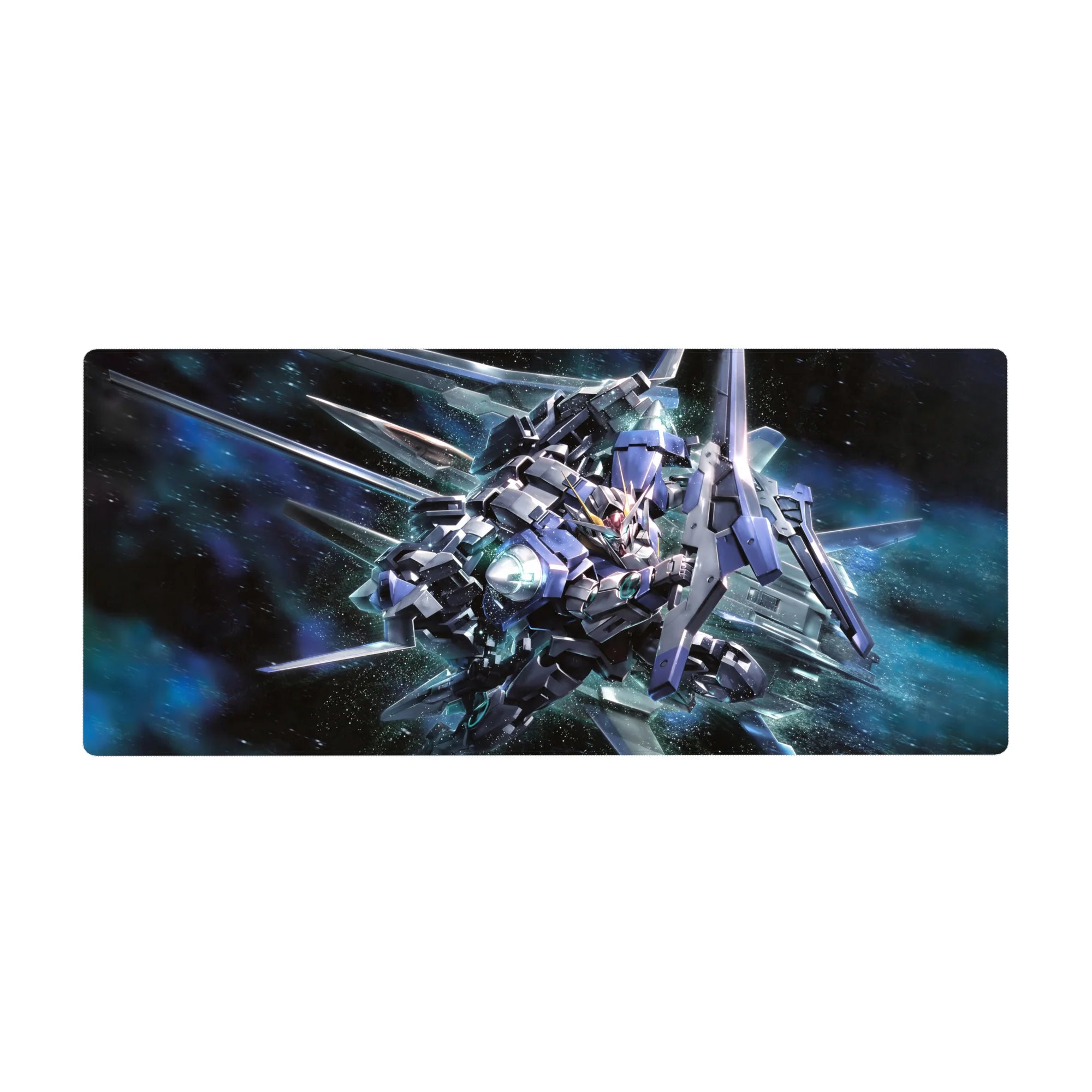 Space-themed anime desk pad 36x16 inches with 00 Gundam in hero pose, glowing thrusters and blades.
