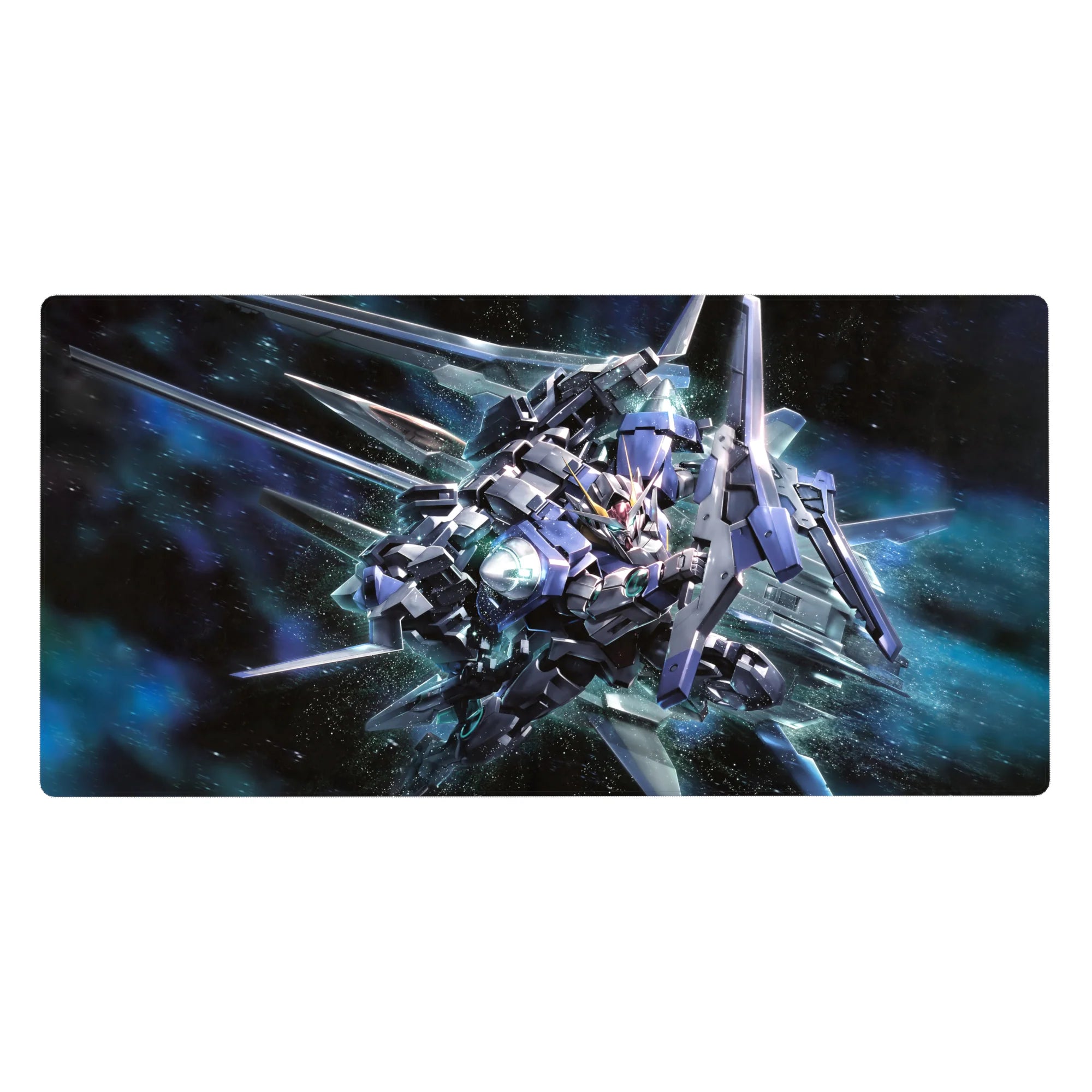 Space mecha anime desk pad 40x20 inches with glowing thrusters, blade pose, and crisp linework.
