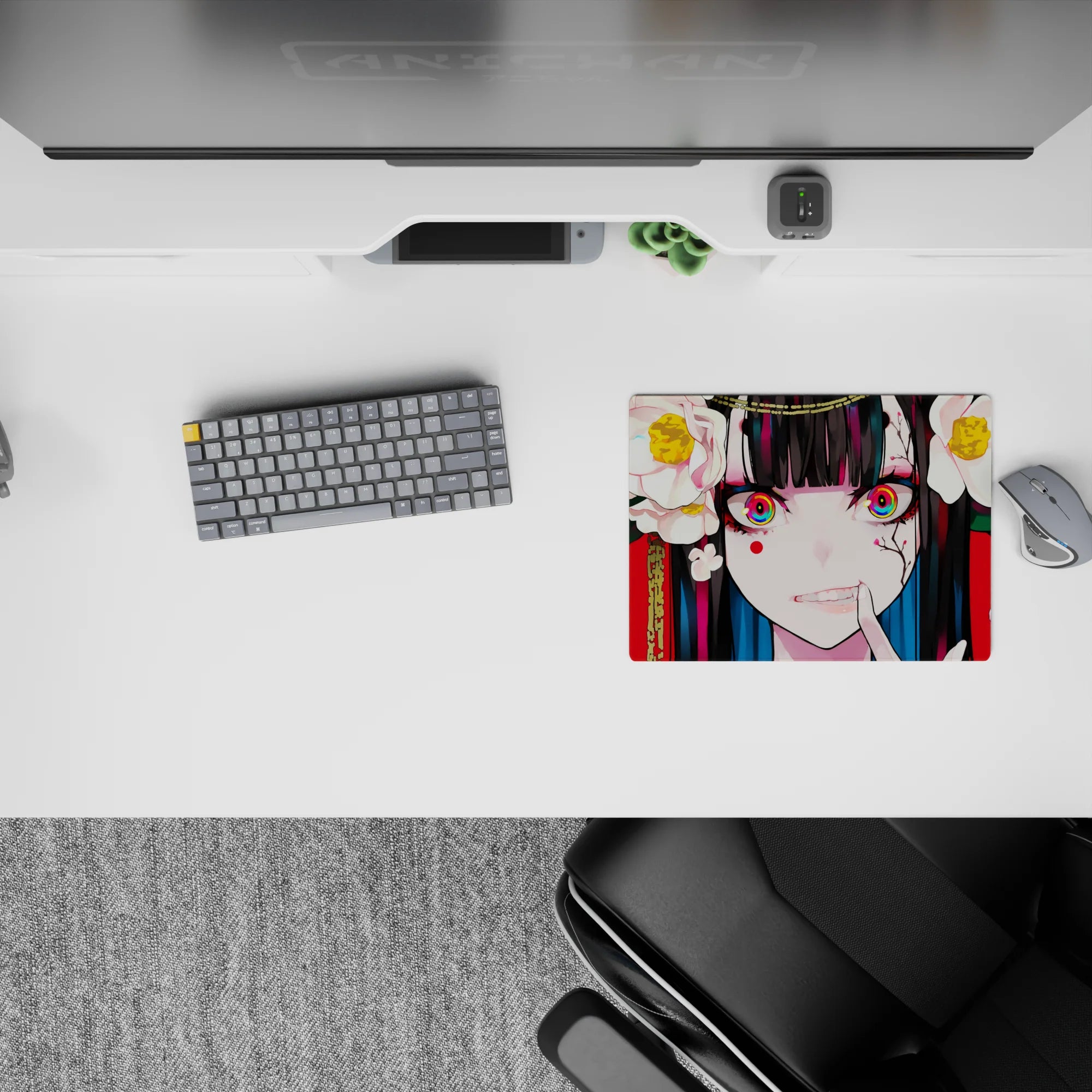 Vibrant 14x10 inches anime girl mouse pad in bold red with candy rainbow eyes, cute chaos and menace vibe.