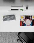Vibrant 14x10 inches anime girl mouse pad in bold red with candy rainbow eyes, cute chaos and menace vibe.