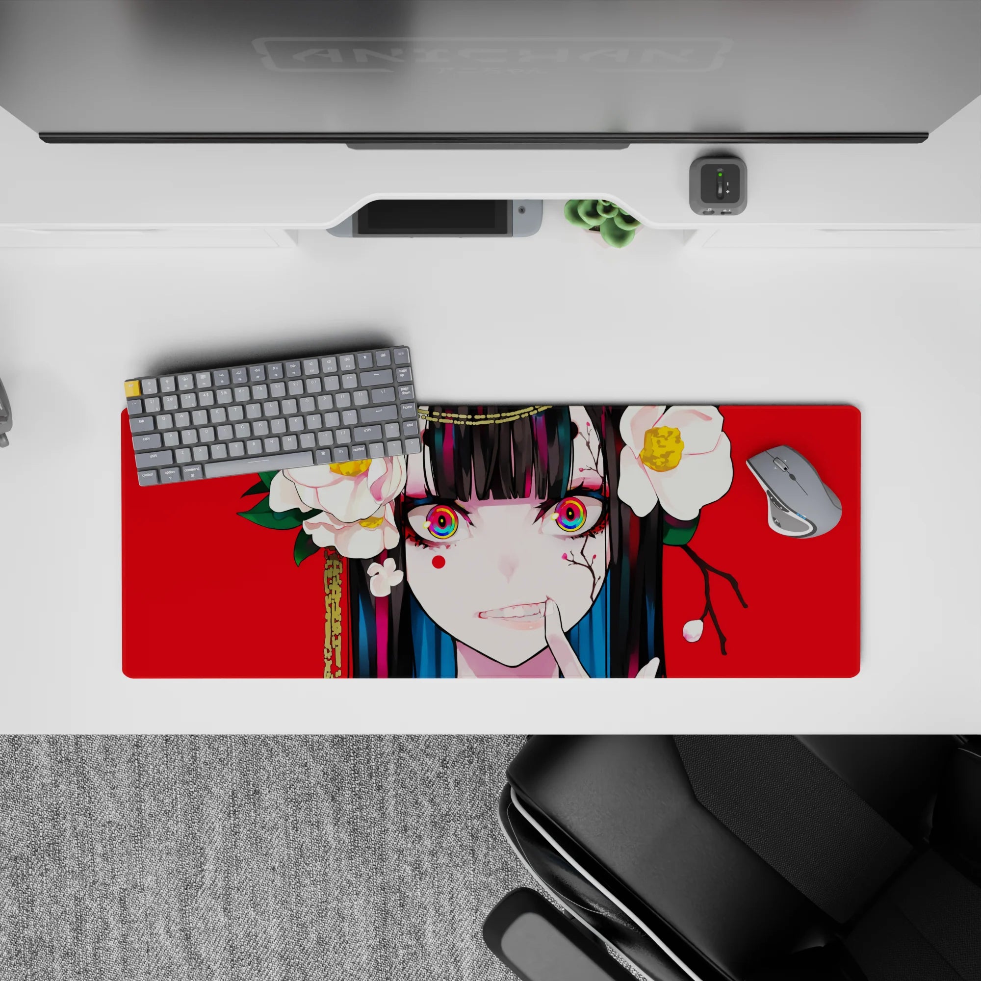 32x12 inches anime girl mouse pad in bold red with crisp white flowers, glossy black hair, playful menace vibe.