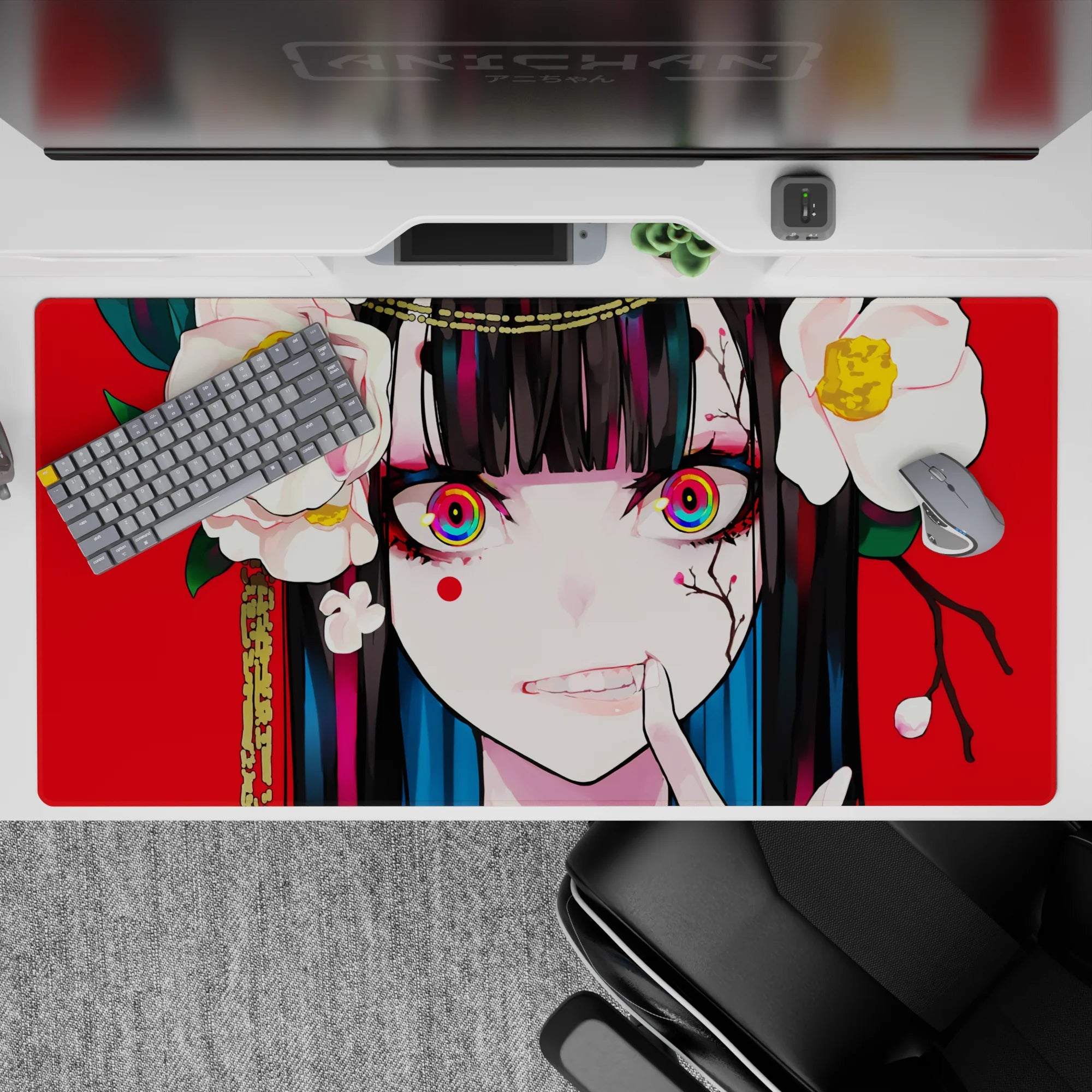 40x20 inches anime girl mouse pad in bold red with crisp white flowers, glossy black hair, cute chaos.