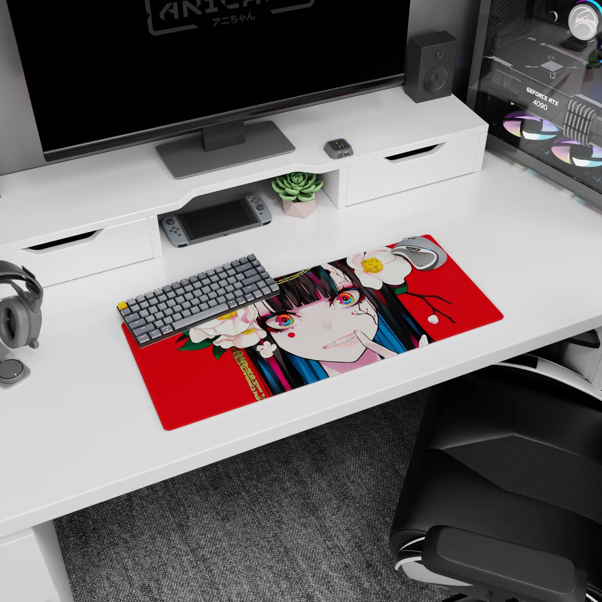 28x12 inches Kakegurui mouse pad showing Yumeko Jabami’s hypnotic stare, rainbow eyes, playful menace.