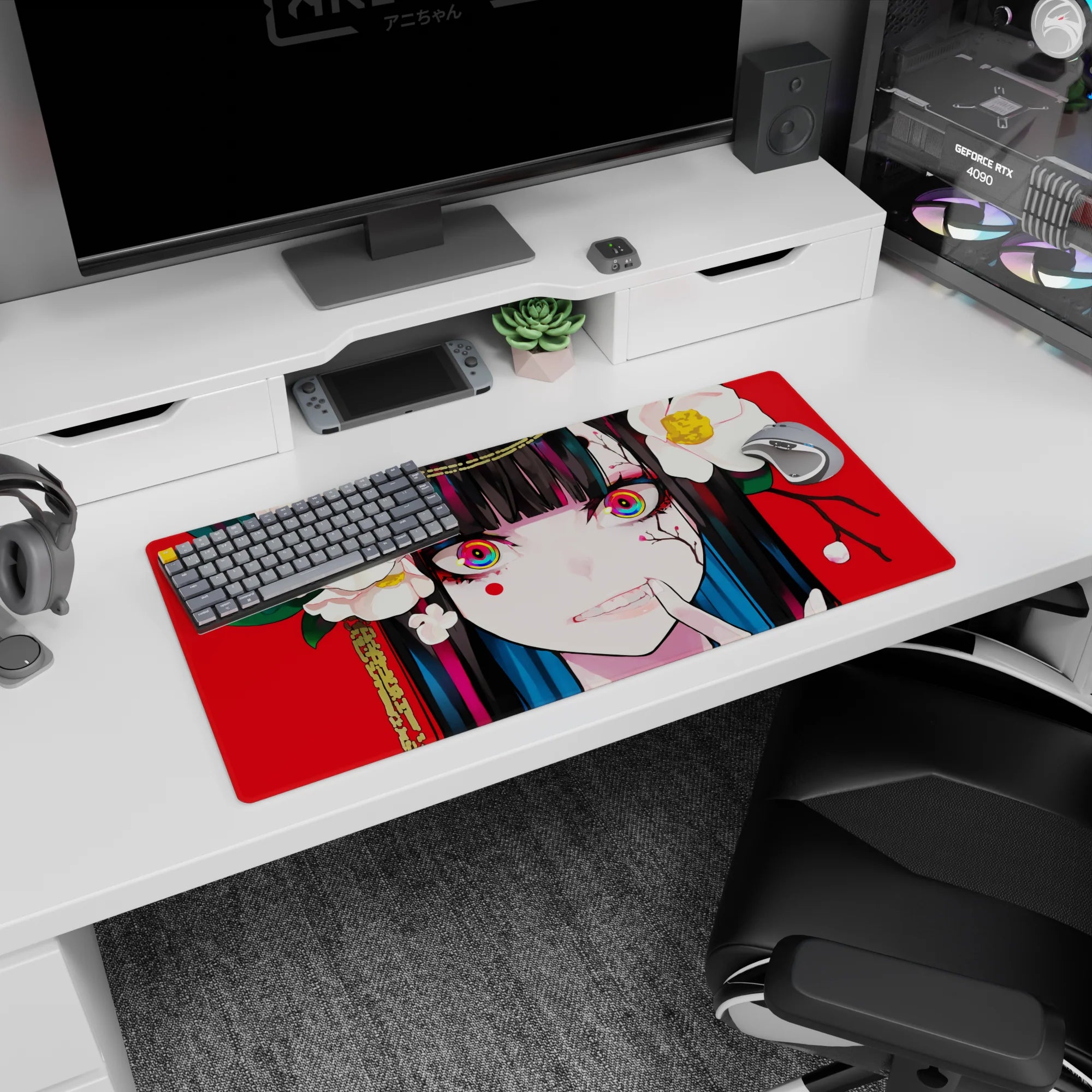 Yumeko Jabami Kakegurui anime girl mouse pad 32x16 inches, hypnotic stare on red with camellia blooms.