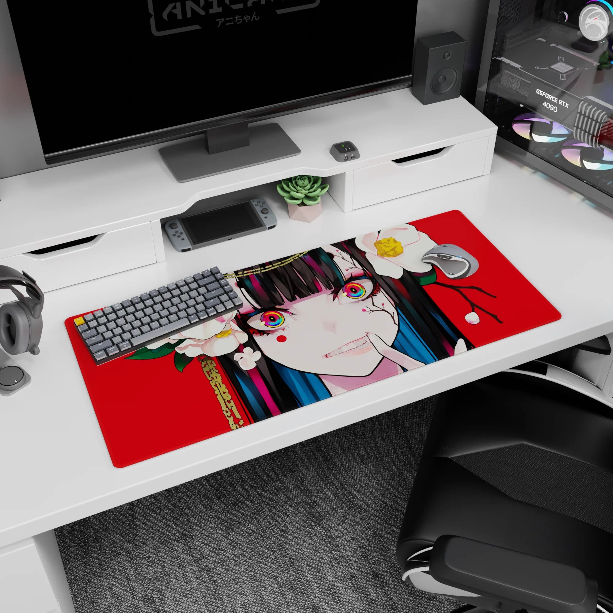36x16 inches mouse pad featuring Kakegurui’s Yumeko Jabami staring forward with candy-bright eyes and camellias.