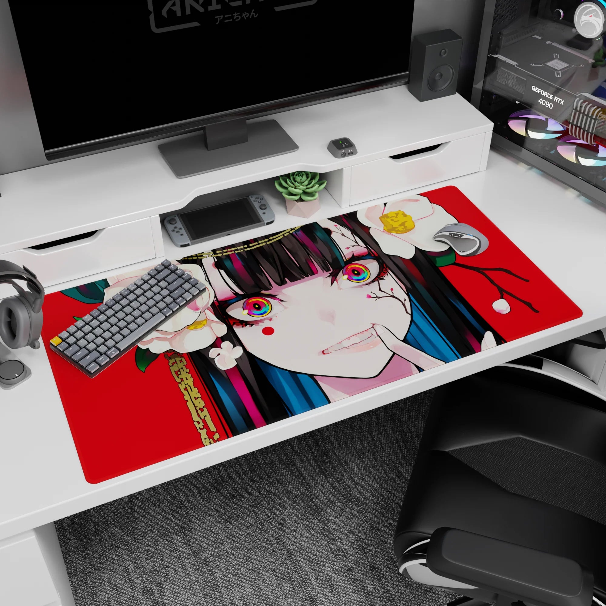Yumeko Jabami Kakegurui desk pad 40x20 inches, hypnotic rainbow stare, teal-streak hair, camellias.