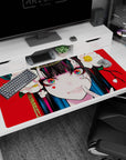 Yumeko Jabami Kakegurui desk pad 40x20 inches, hypnotic rainbow stare, teal-streak hair, camellias.