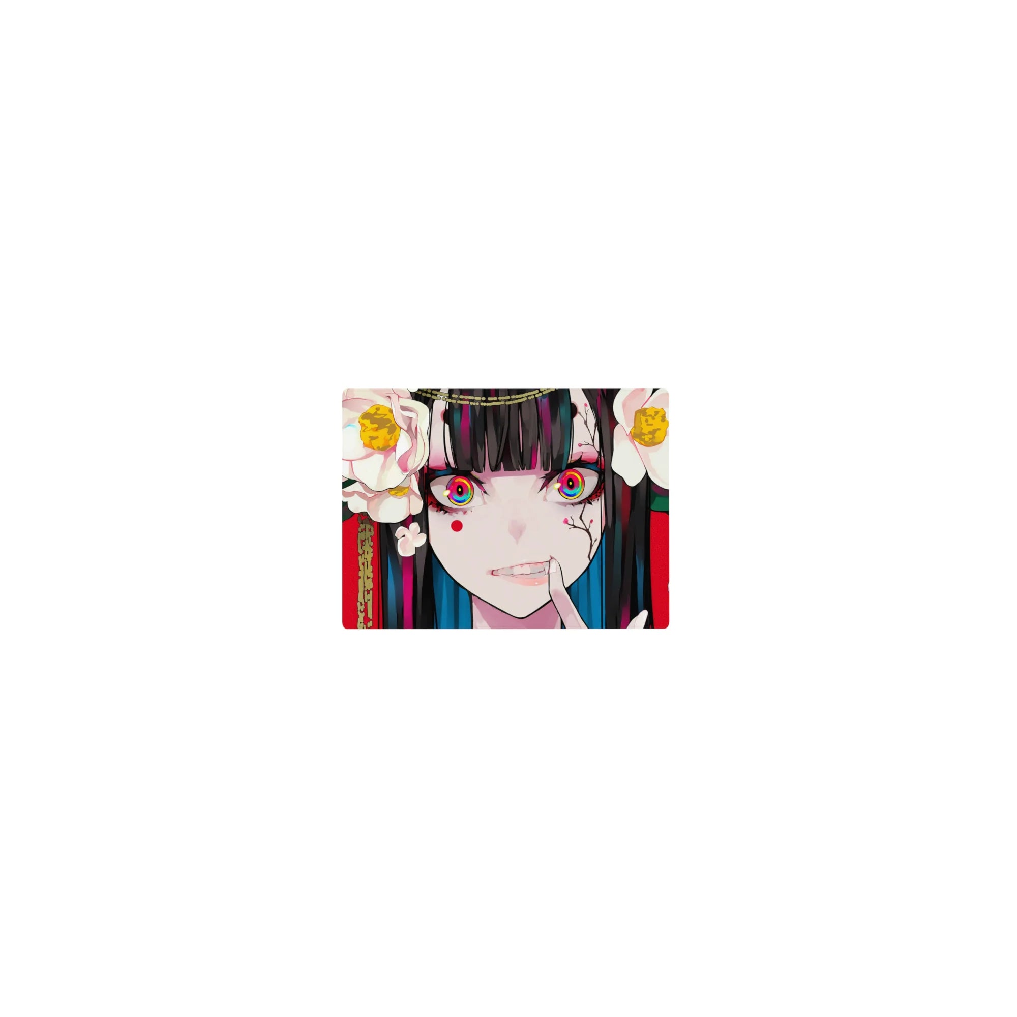 Classic anime girl mouse pad 14x10 inches with red backdrop, white camellias, and glossy black hair teal streaks.