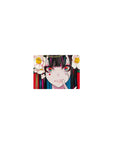 Classic anime girl mouse pad 14x10 inches with red backdrop, white camellias, and glossy black hair teal streaks.