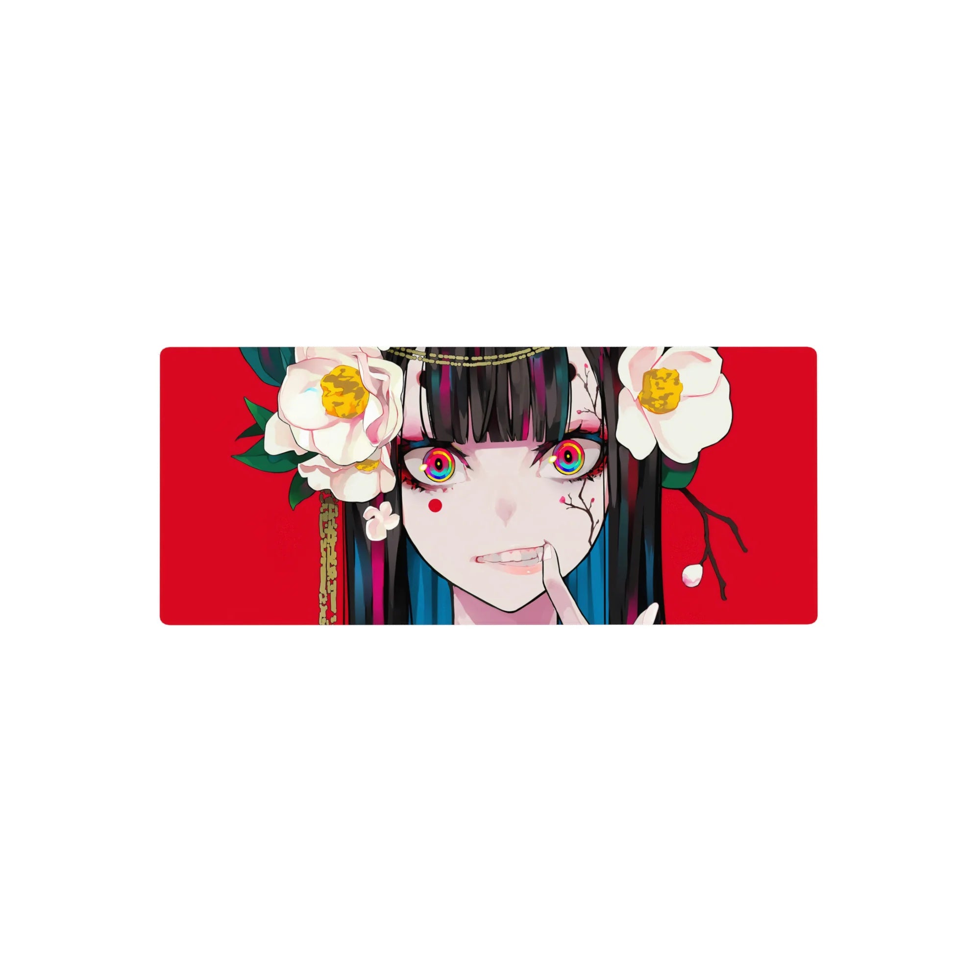 28x12 inches anime girl mouse pad with Yumeko Jabami, red background, white camellias, rainbow eyes.