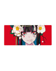 28x12 inches anime girl mouse pad with Yumeko Jabami, red background, white camellias, rainbow eyes.