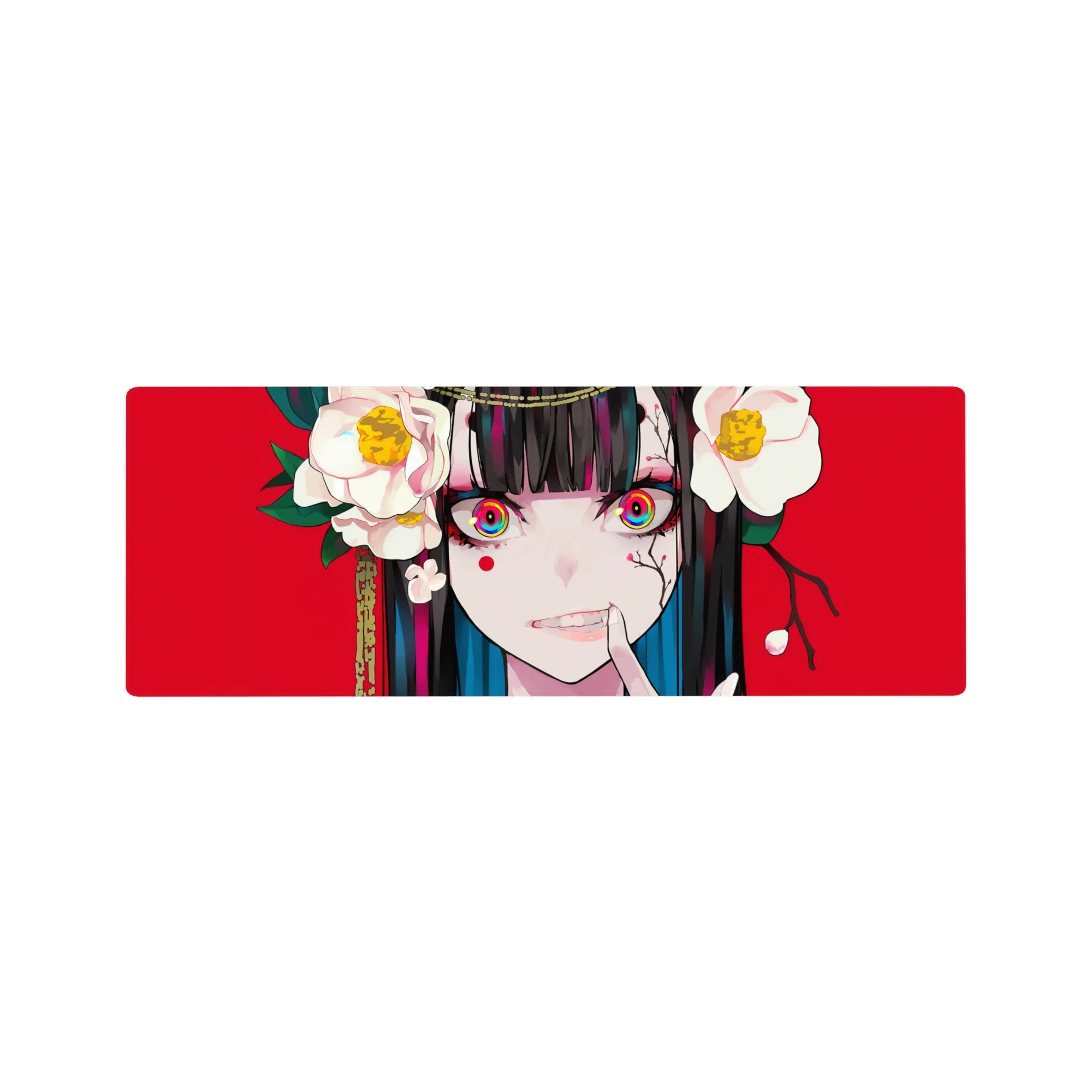 32x12 inches anime girl mouse pad with red backdrop, white camellias, rainbow eyes, and teal-streak hair.