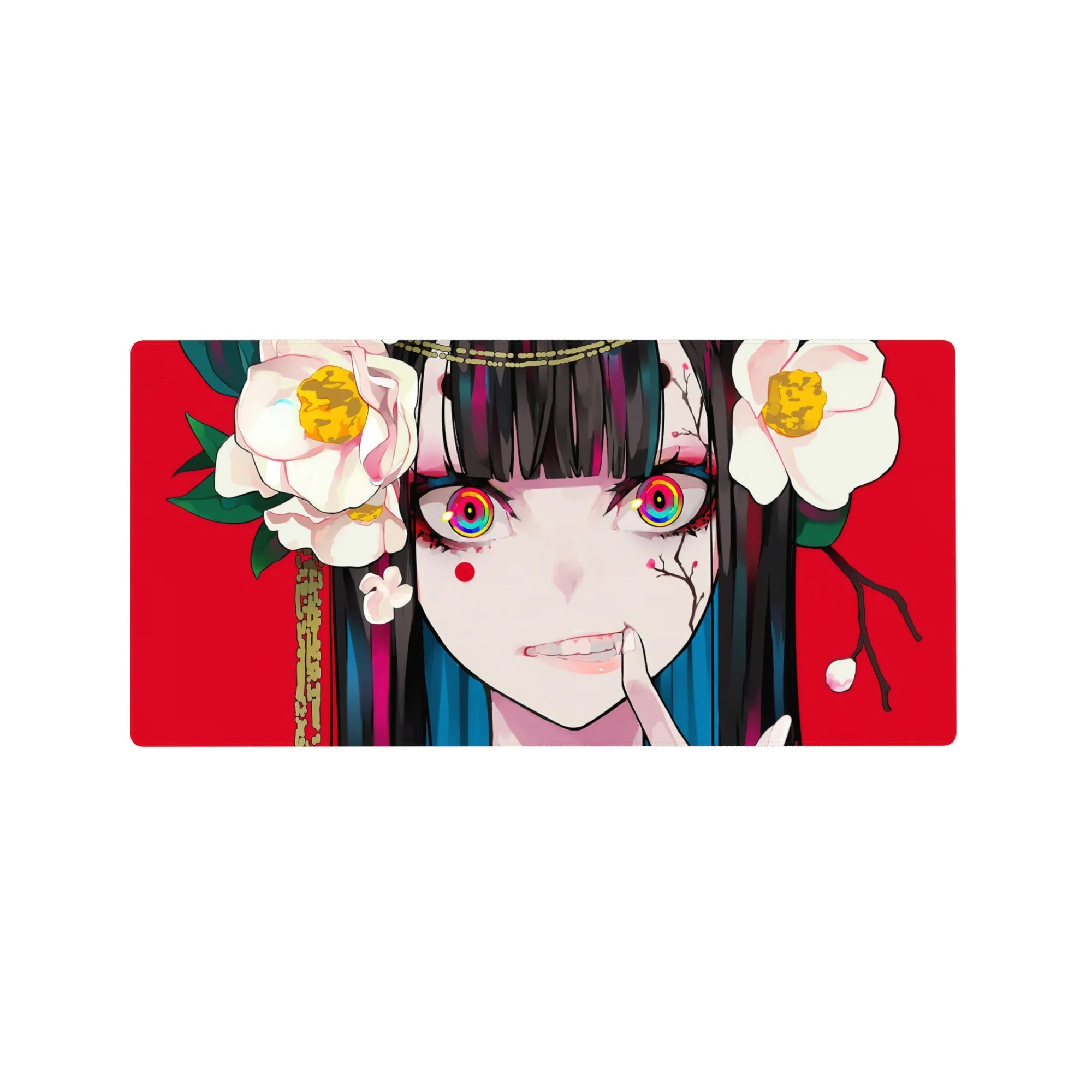 Anime girl mouse pad 32x16 inches with bold red backdrop, white camellias, and glossy black-teal hair.