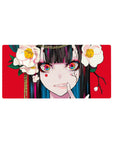 Anime girl mouse pad 32x16 inches with bold red backdrop, white camellias, and glossy black-teal hair.