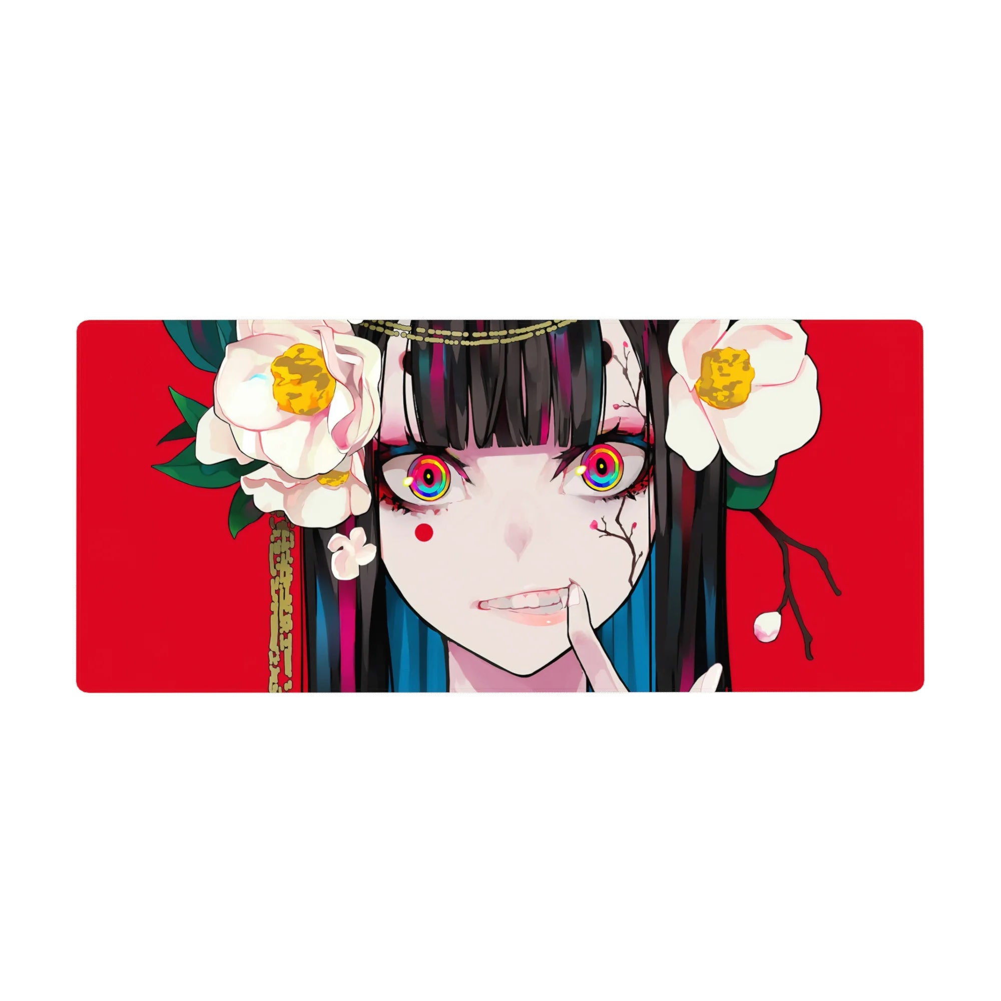36x16 inches anime girl desk pad with Yumeko Jabami, red backdrop, white camellias, glossy hair, rainbow eyes.