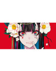 36x16 inches anime girl desk pad with Yumeko Jabami, red backdrop, white camellias, glossy hair, rainbow eyes.