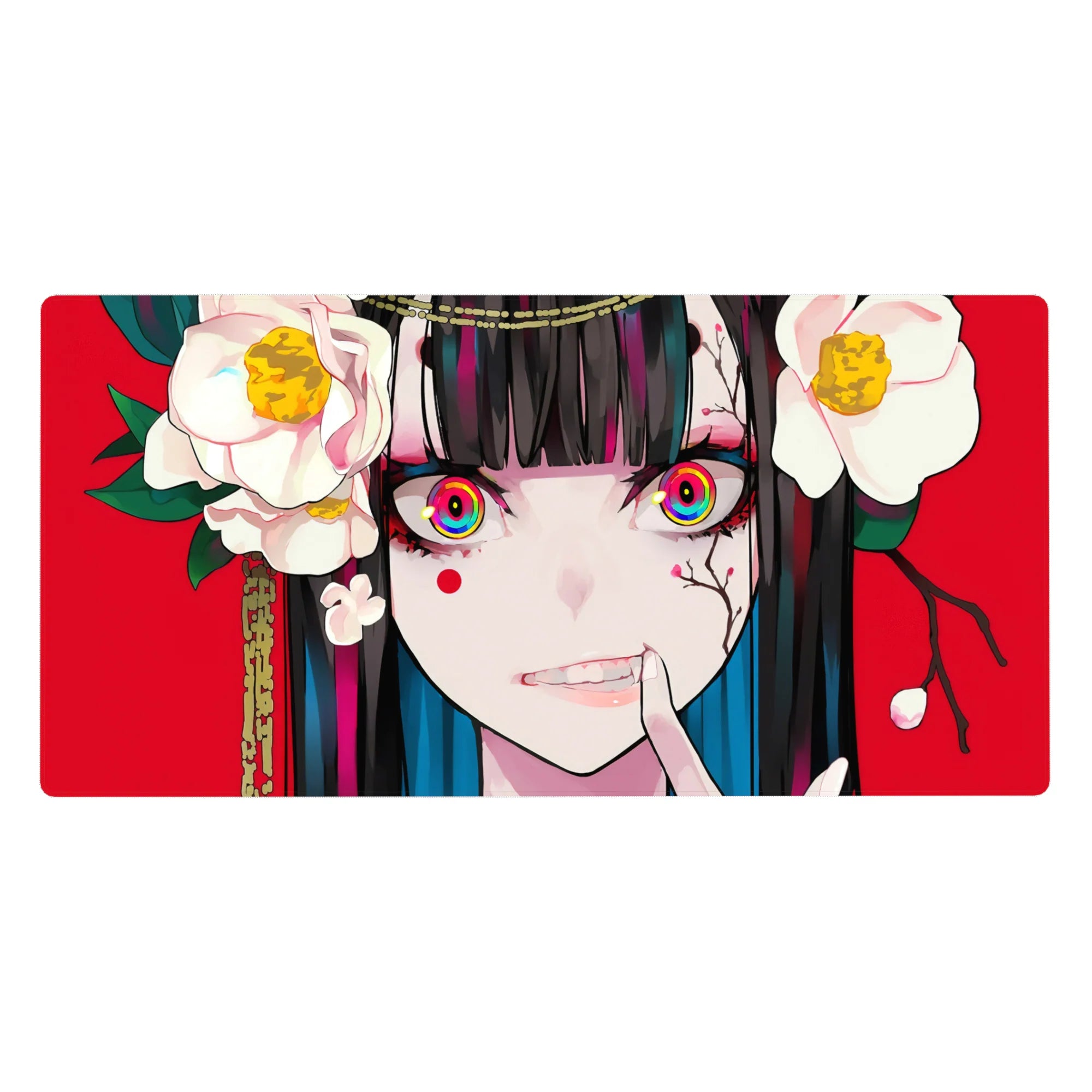 Anime girl desk pad 40x20 inches with Yumeko Jabami, red backdrop, white camellias, rainbow eyes.