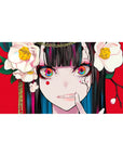 Anime girl desk pad 40x20 inches with Yumeko Jabami, red backdrop, white camellias, rainbow eyes.