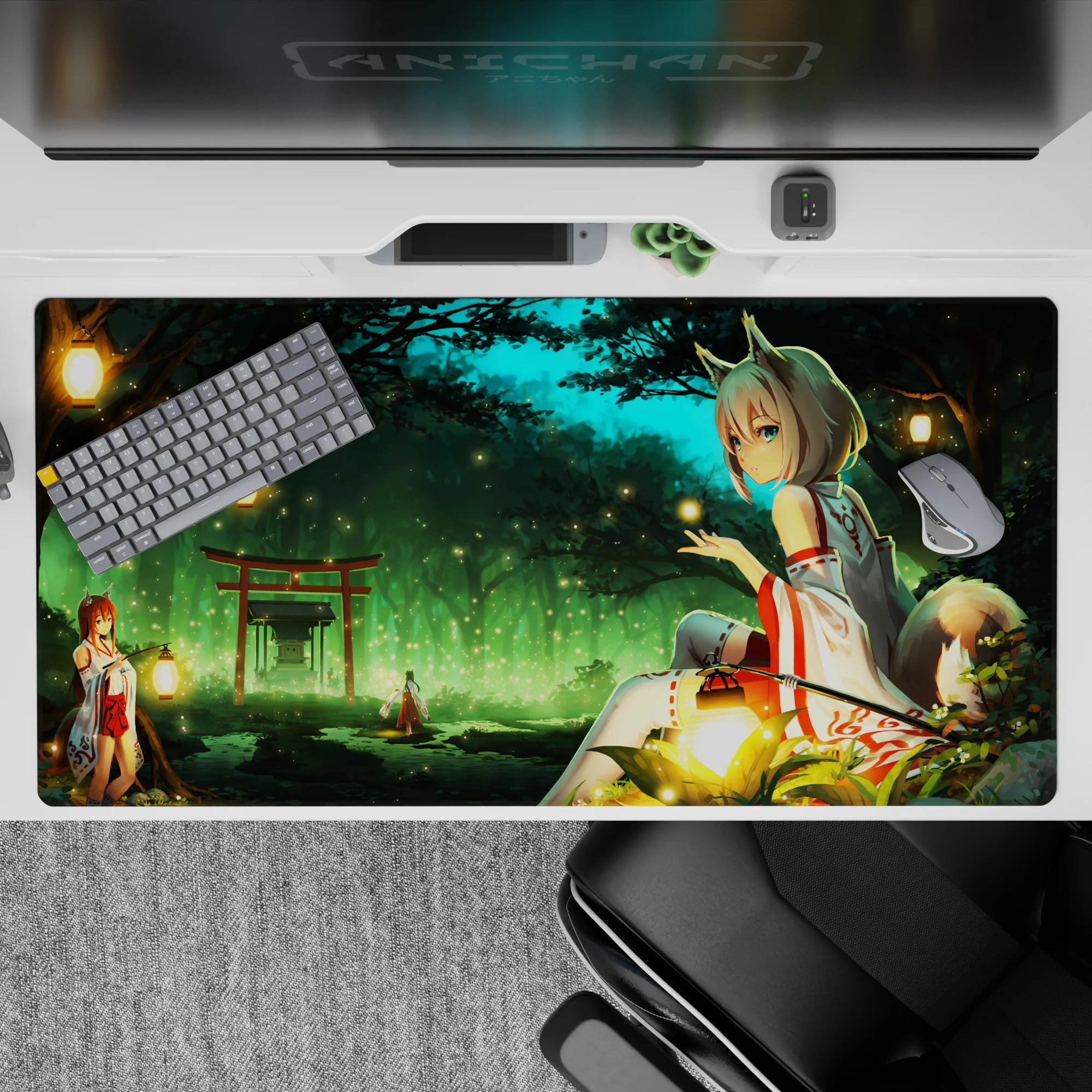 40x20 inches anime desk pad in teal mist and deep greens, warm lantern glow, dreamy night-magic mood.