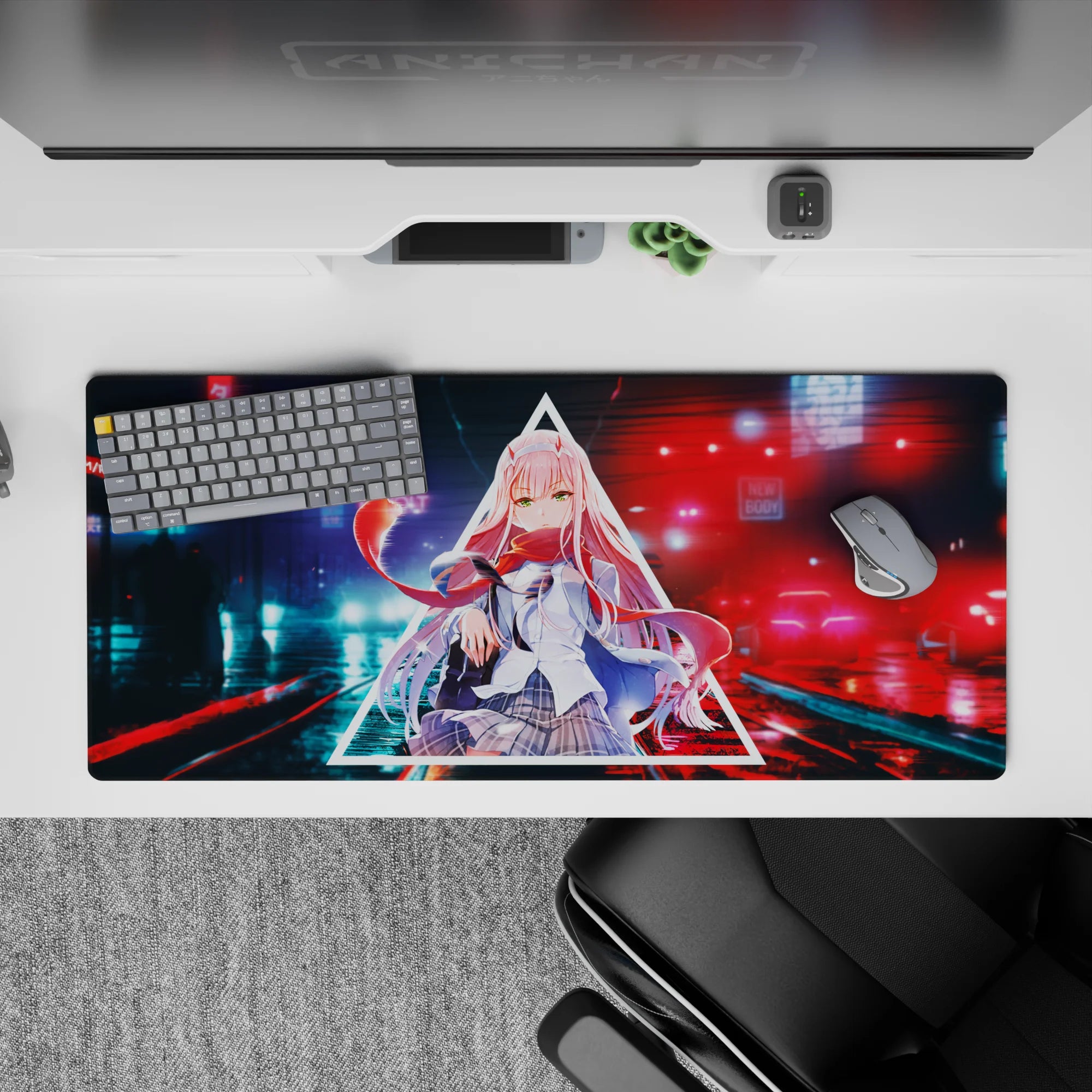 Neon 36x16 desk pad capturing sharp neon tones, intense gaze, and untamed scarf for a futuristic cyberpunk design