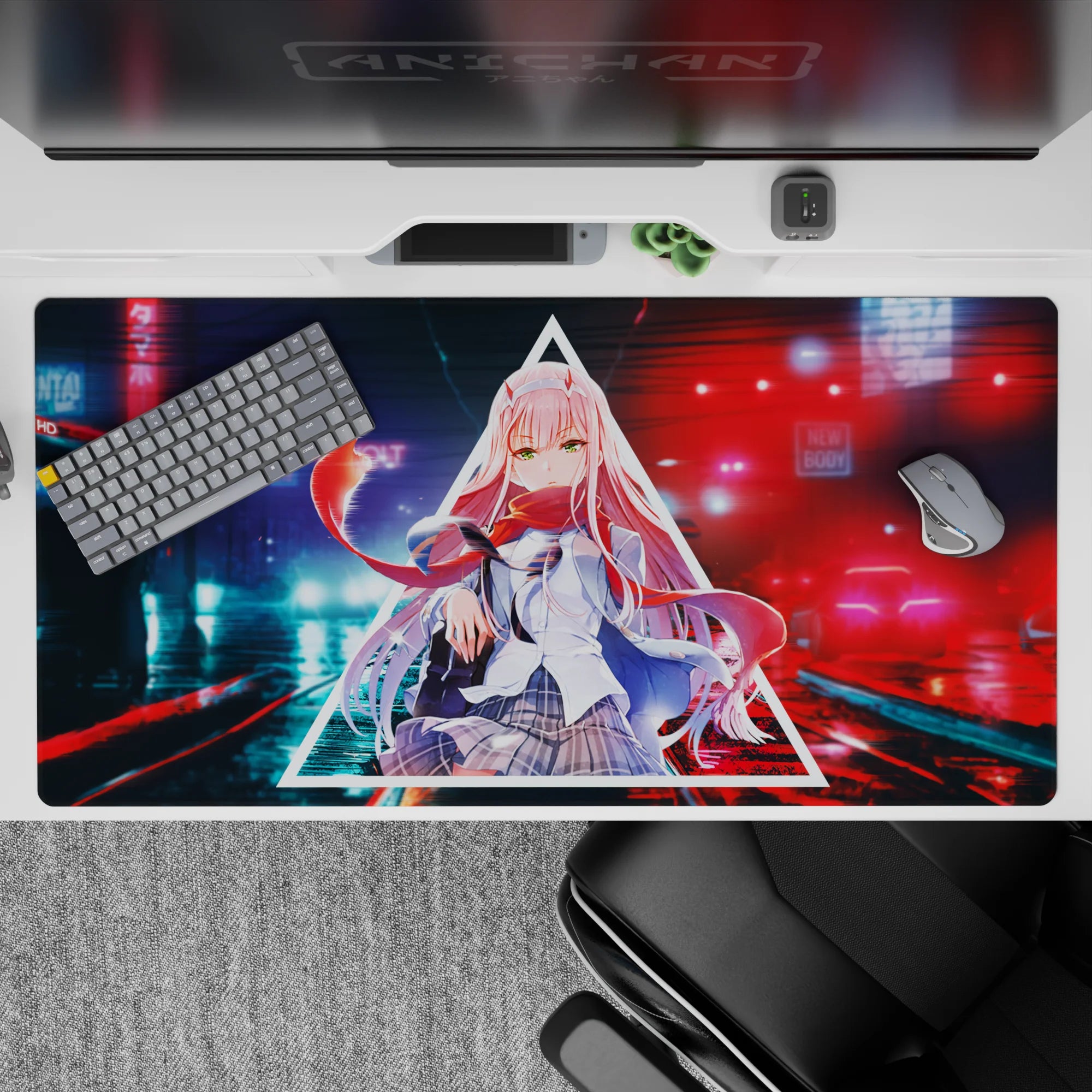 Neon 40x20 desk pad with intense anime gaze, sharp digital hues, and untamed scarf for a bold cyberpunk aesthetic