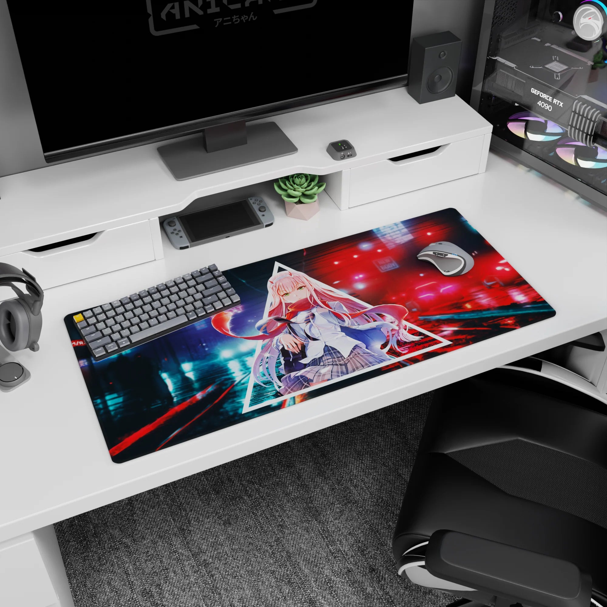 Bold 36x16 anime desk mat featuring intense gaze, sharp neon tones, and untamed scarf for digital rebellion