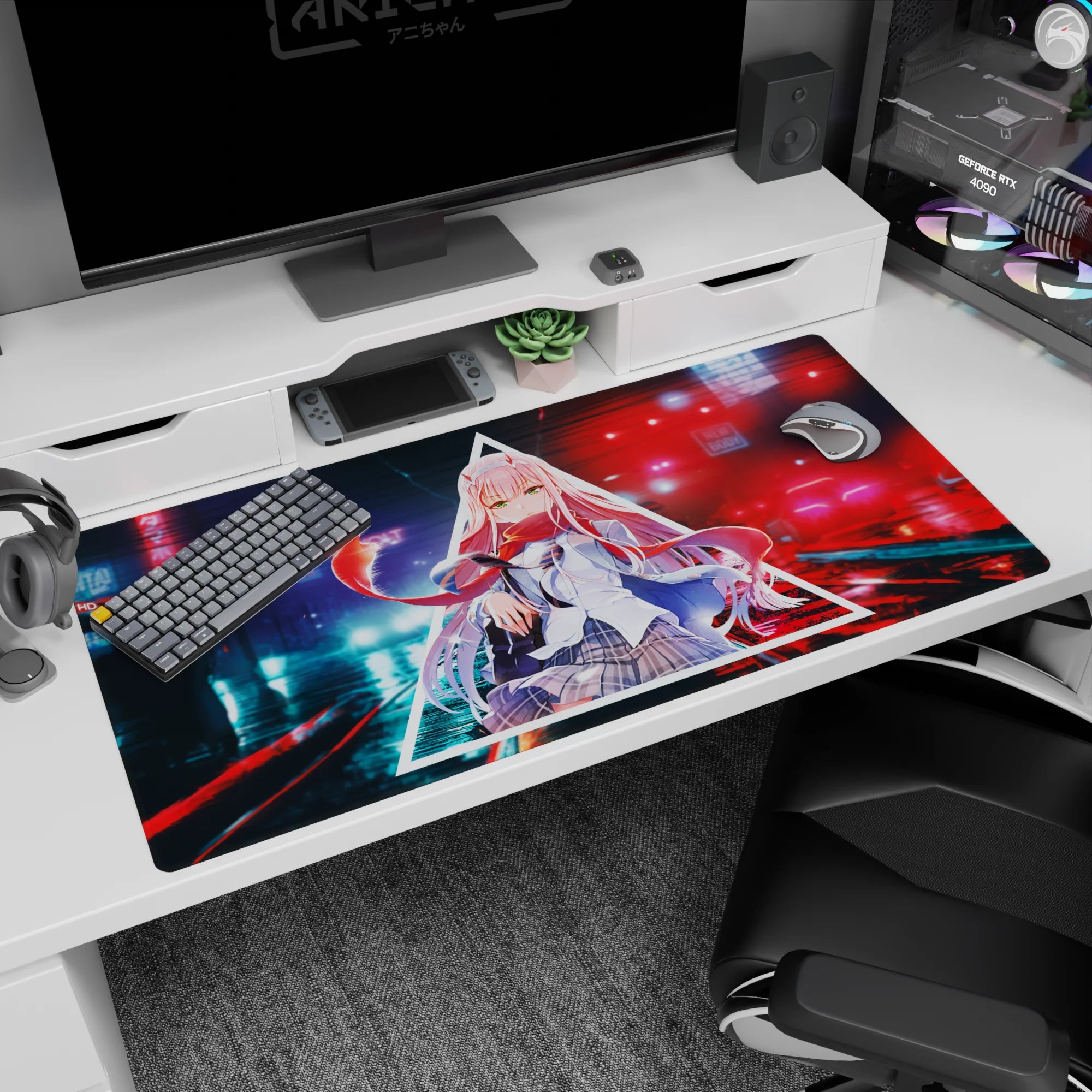 Digital 40x20 anime desk mat showcasing sharp neon tones, intense gaze, and untamed scarf for cyberpunk vibe