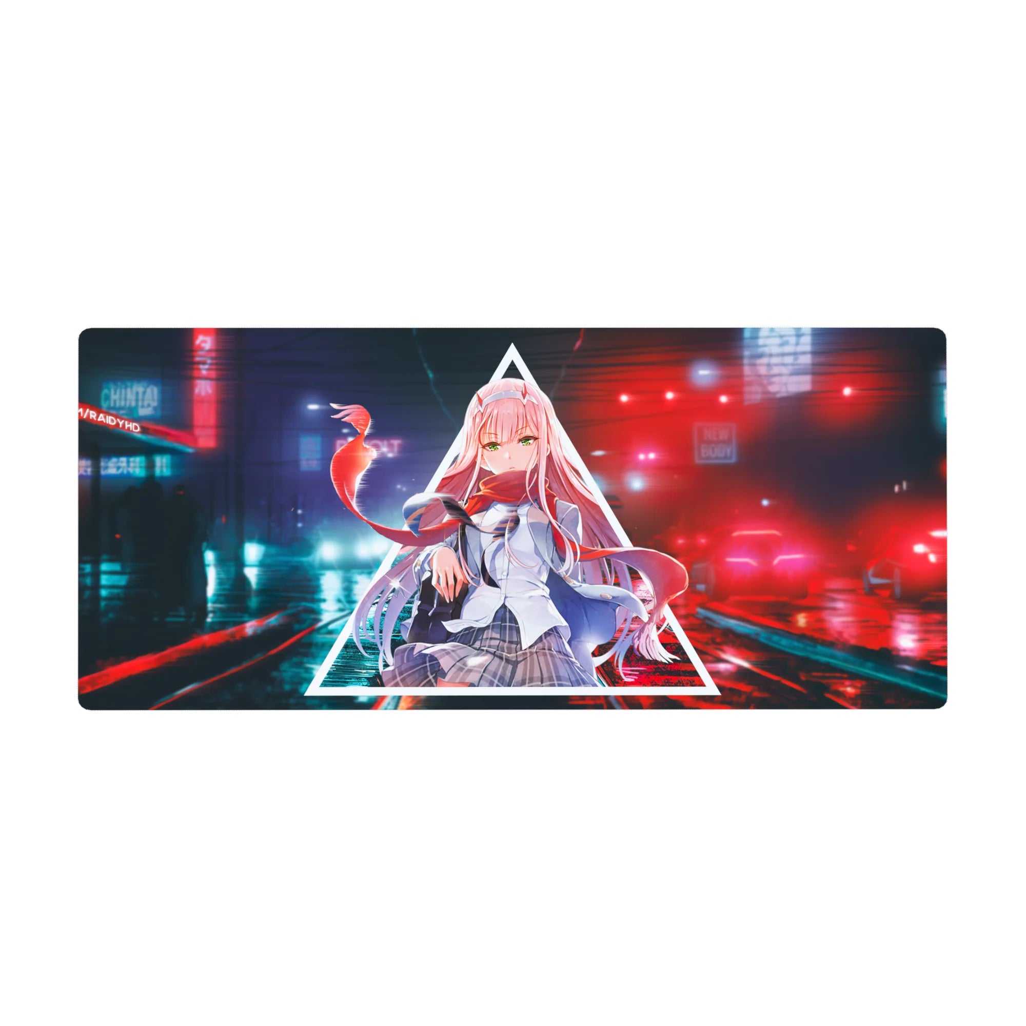 Cyberpunk 36x16 desk pad with sharp neon tones, intense anime gaze, and untamed scarf for a rebellious digital style