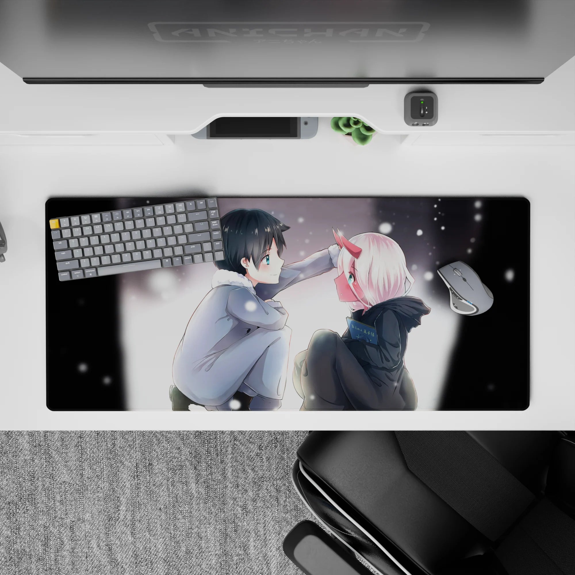 Cozy 36x16 desk pad featuring soft snowfall, stolen glance, and nostalgic warmth for an emotional anime aesthetic