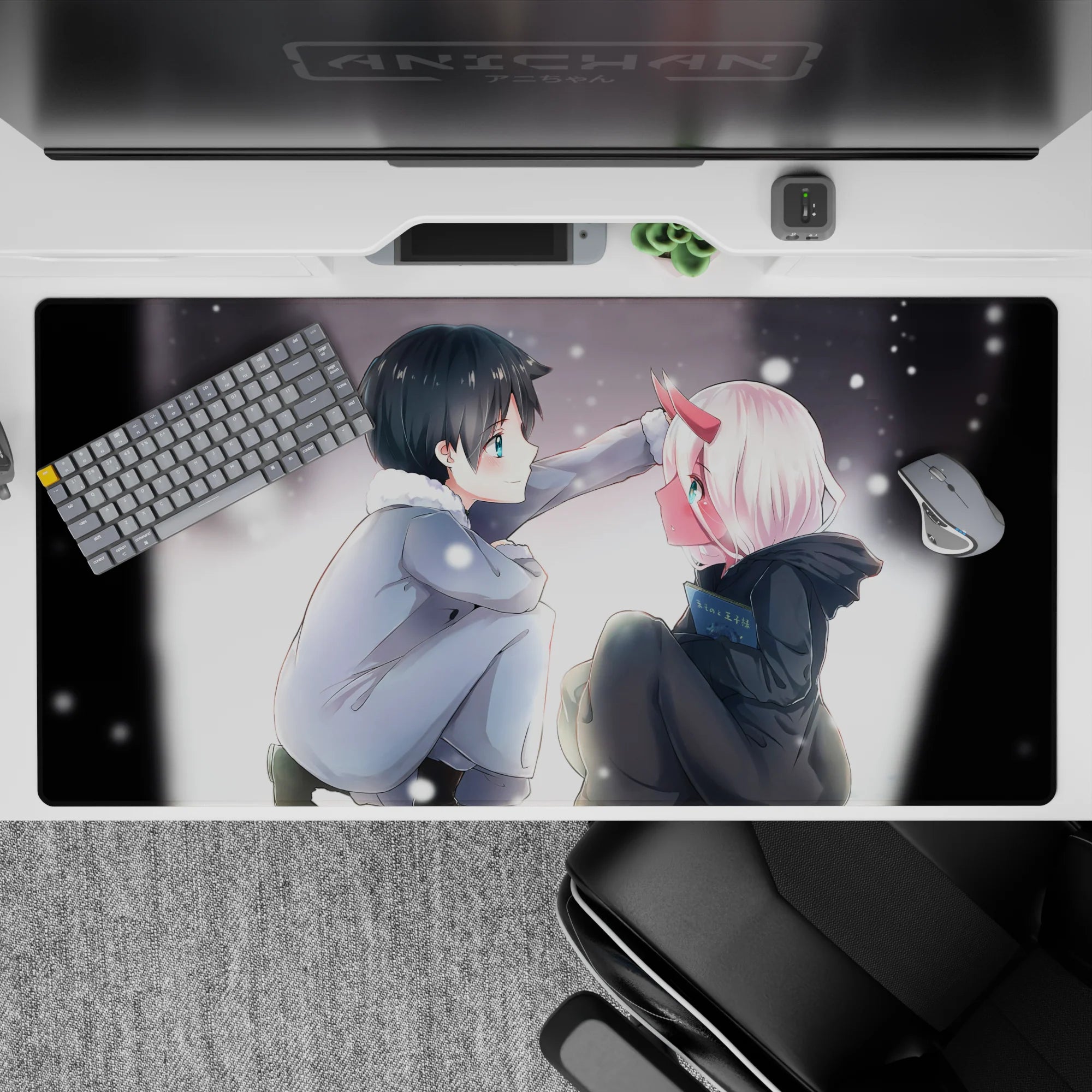 Nostalgic 40x20 desk pad capturing soft snowfall, a stolen glance, and warmth for a heartfelt anime vibe