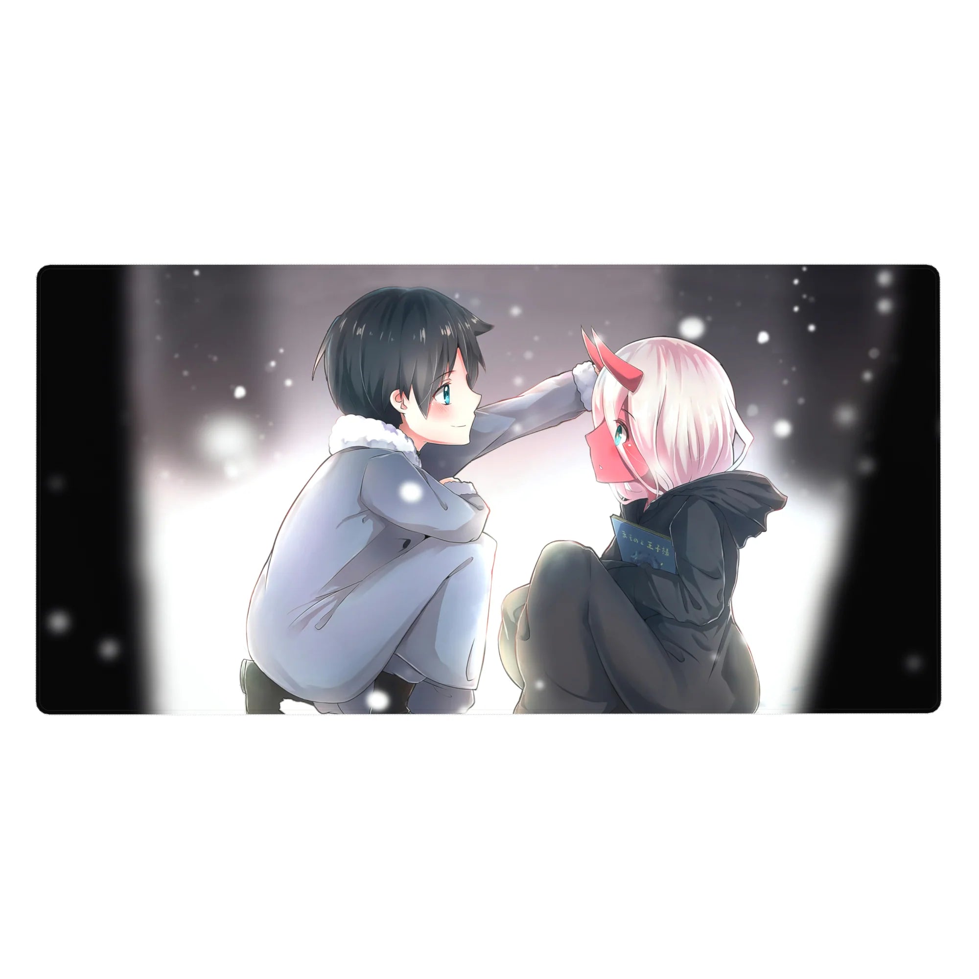 Snowfall 40x20 desk pad featuring soft snowflakes, stolen glances, and a nostalgic moment that brings warmth to your setup