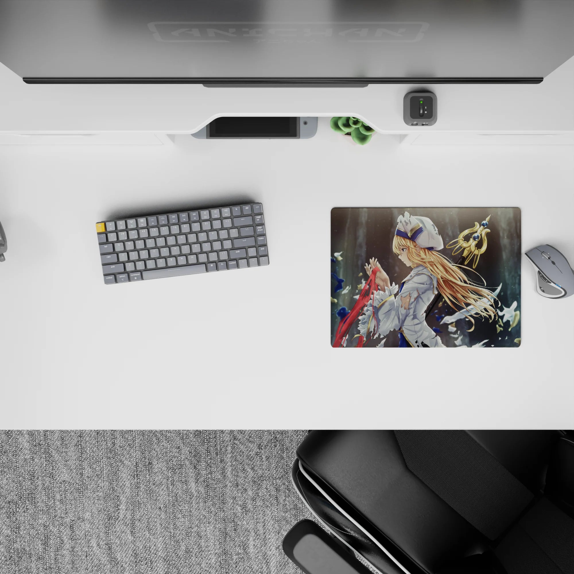 Cool stormy blue and smoky gray anime mouse pad 14x10 inches with white petals, gold accents, and calm vibe.