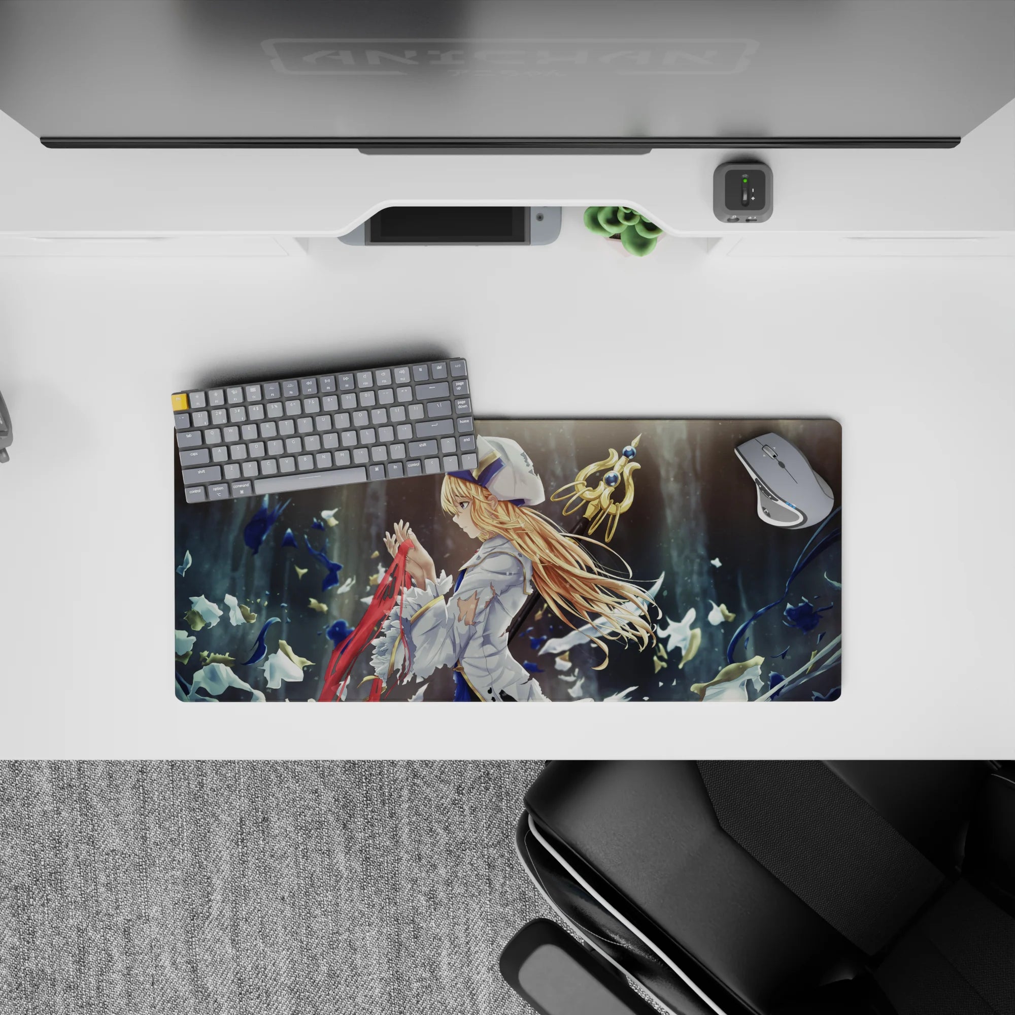 28x12 inches mouse pad in stormy blues and smoky gray, calm serious vibe with white petal swirl.
