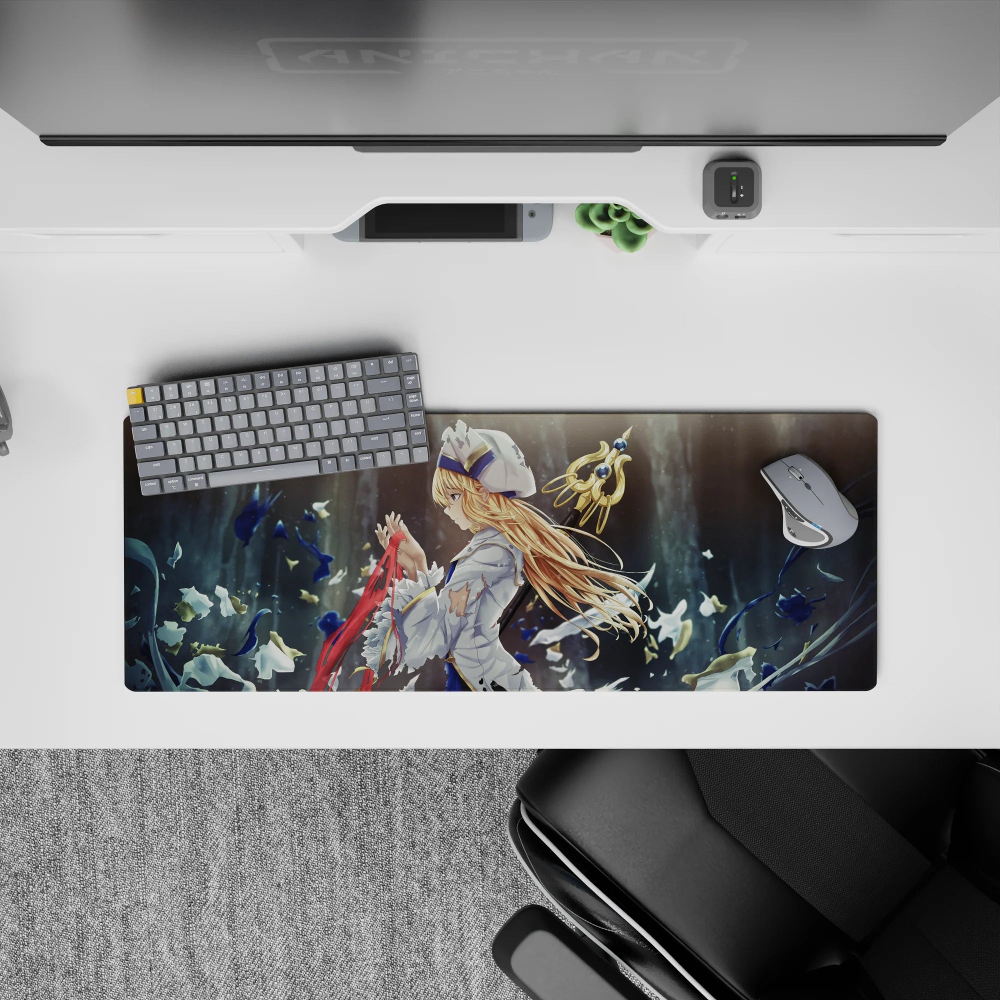 32x12 inches anime girl desk mouse pad in cool stormy blue and smoky gray, serene and dramatic vibe.